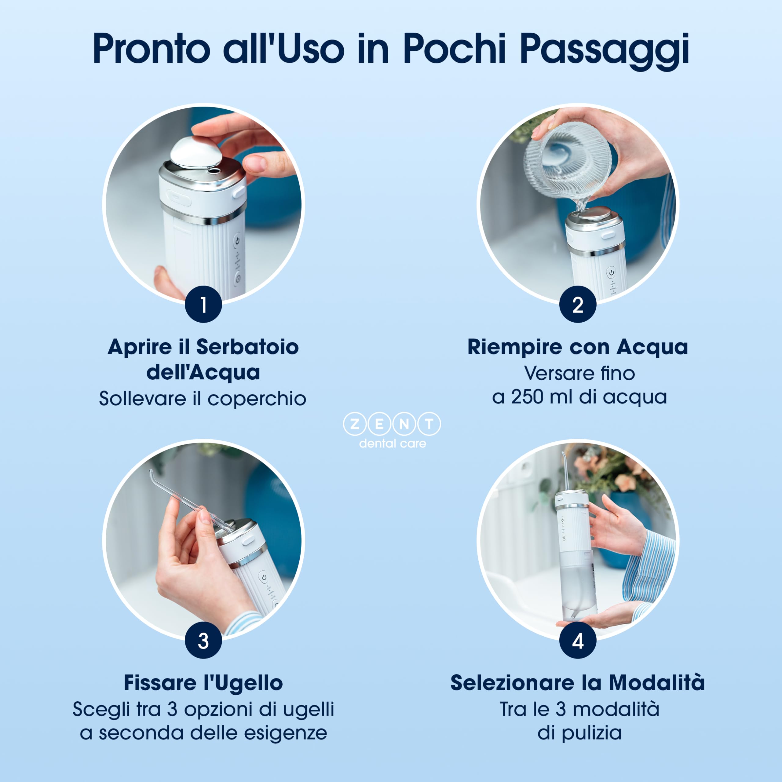 ZENT Idropulsore dentale portatile, Irrigatore orale da viaggio, Tecnologia rotante avanzata 360°, 3 testine speciali, Pressione regolabile, Rimozione della placca, Dimensioni compatte, Nero
