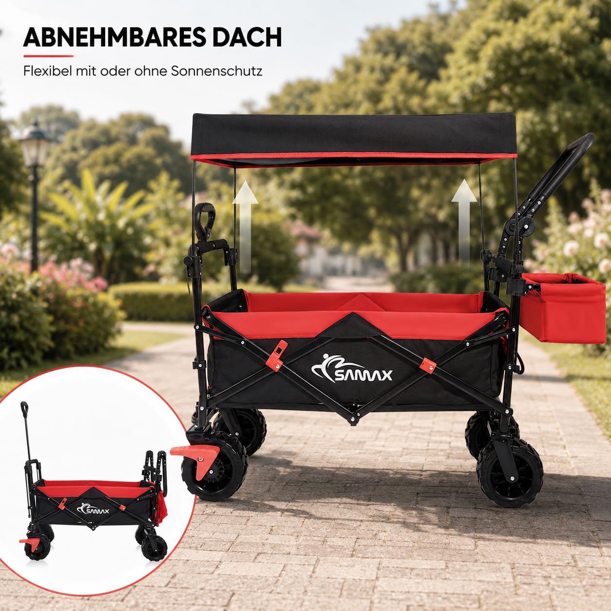 SAMAX Bollerwagen mit Dach Faltbar - Handwagen Transportwagen Gerätewagen Faltwagen - klappbar mit Bremse und Hecktasche - für alle Offroad Gelände geeignet - Schwarz/Rot