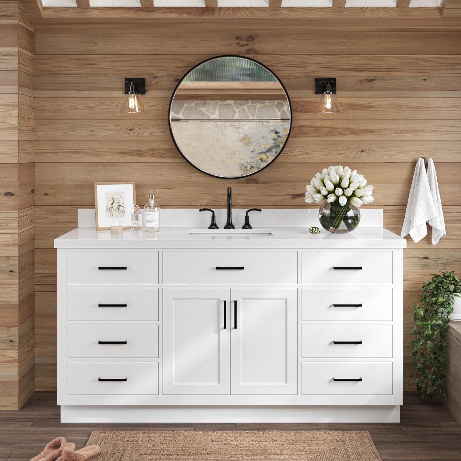 ARIEL 67" White Bathroom Vanity, 1.5" Edge Pure White Quartz Countertop & Splash, Single Rectangular Sink, 2 Soft Closing Doors, 9 Full Extension