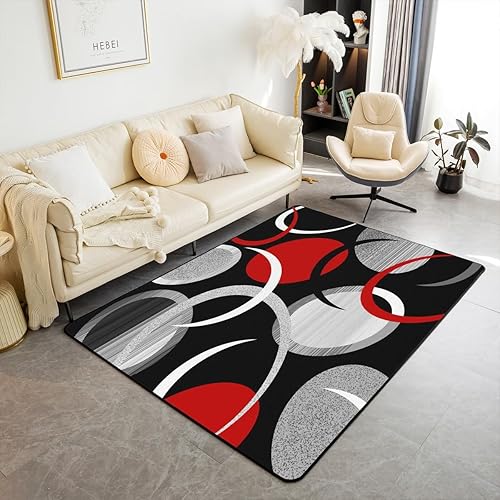 Feelyou Tapete de interior de arte abstracto para niños y niñas, 3 x 5 pulgadas, negro, gris, rojo, alfombra de sala de estar, alfombra de