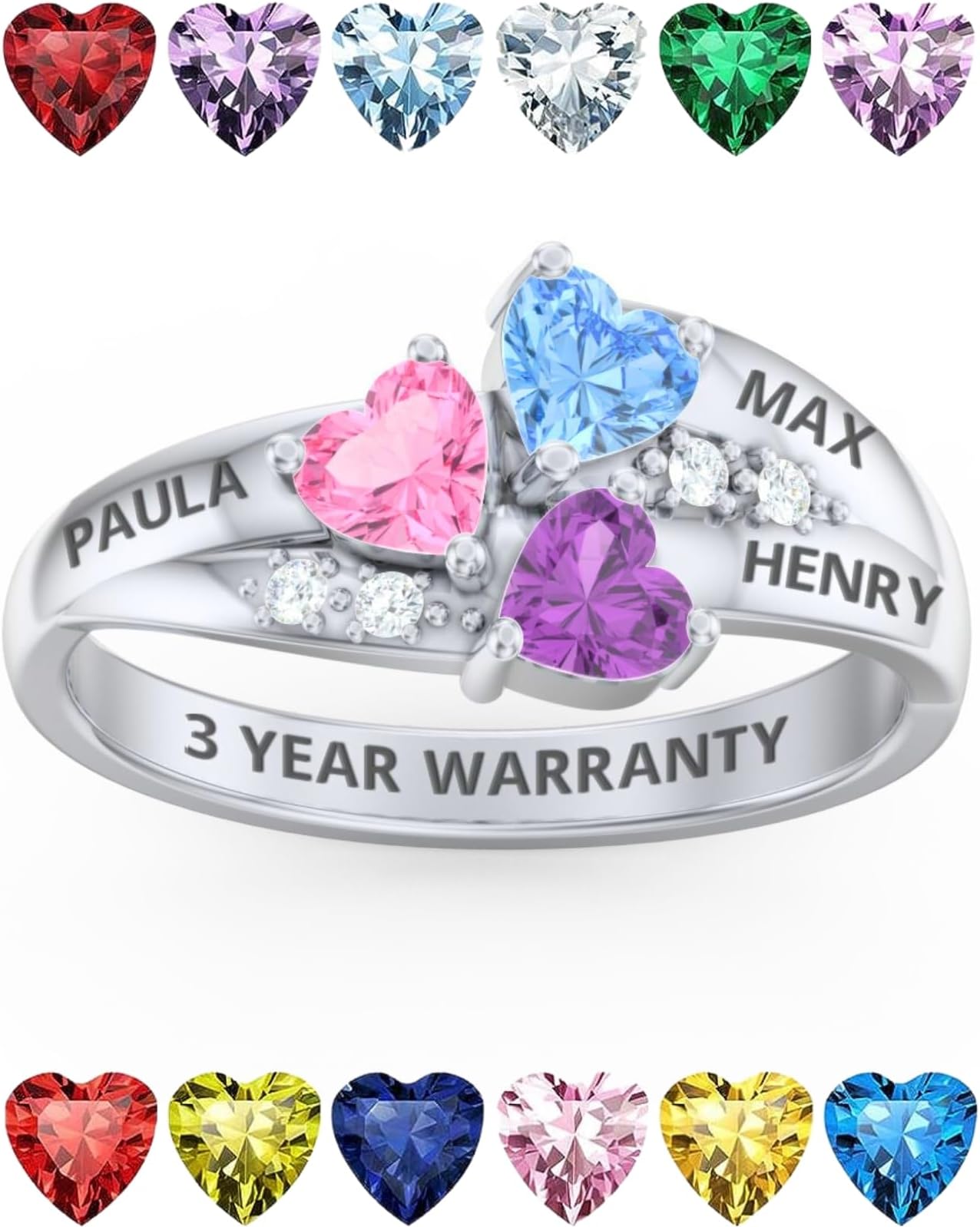 PaulaMax JewelryMothers Ring with 3 Birthstones – Custom Engraved Birthstone Ring for Women in Sterling Silver or White Gold – Personalized 3 Heart Birthstones