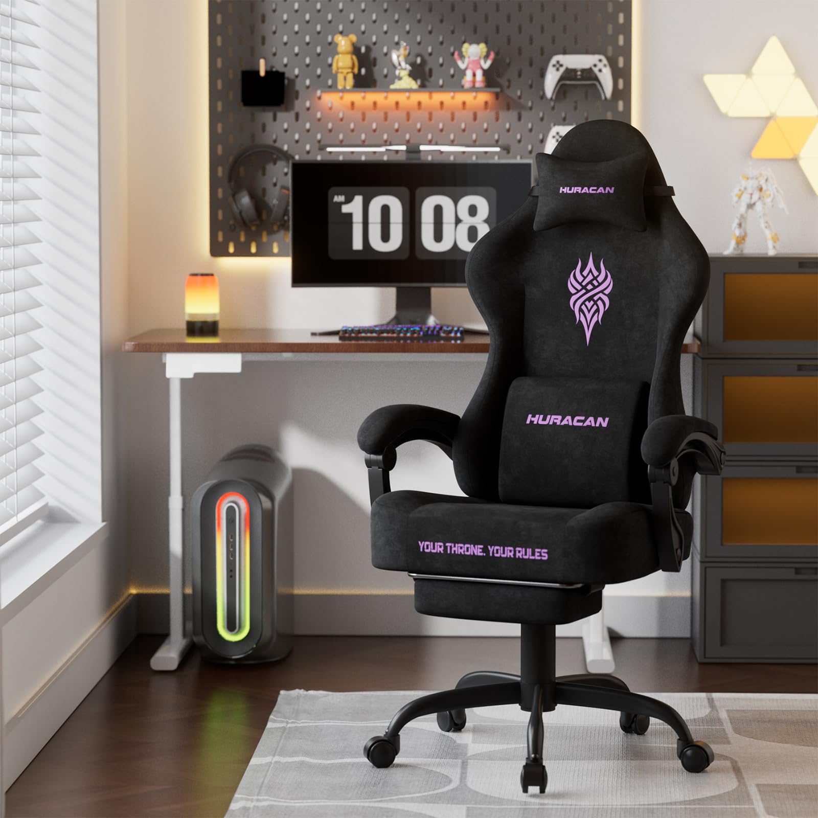 Ferghana Silla Gaming Ergonómica,Silla de Oficina Tela Transpirable,Silla Gamer con Soporte Lumbar Masaje,Asiento Elastico,Reposacabezas,Respaldo Reclinable 90-135°,Regulable en Altura,Negro