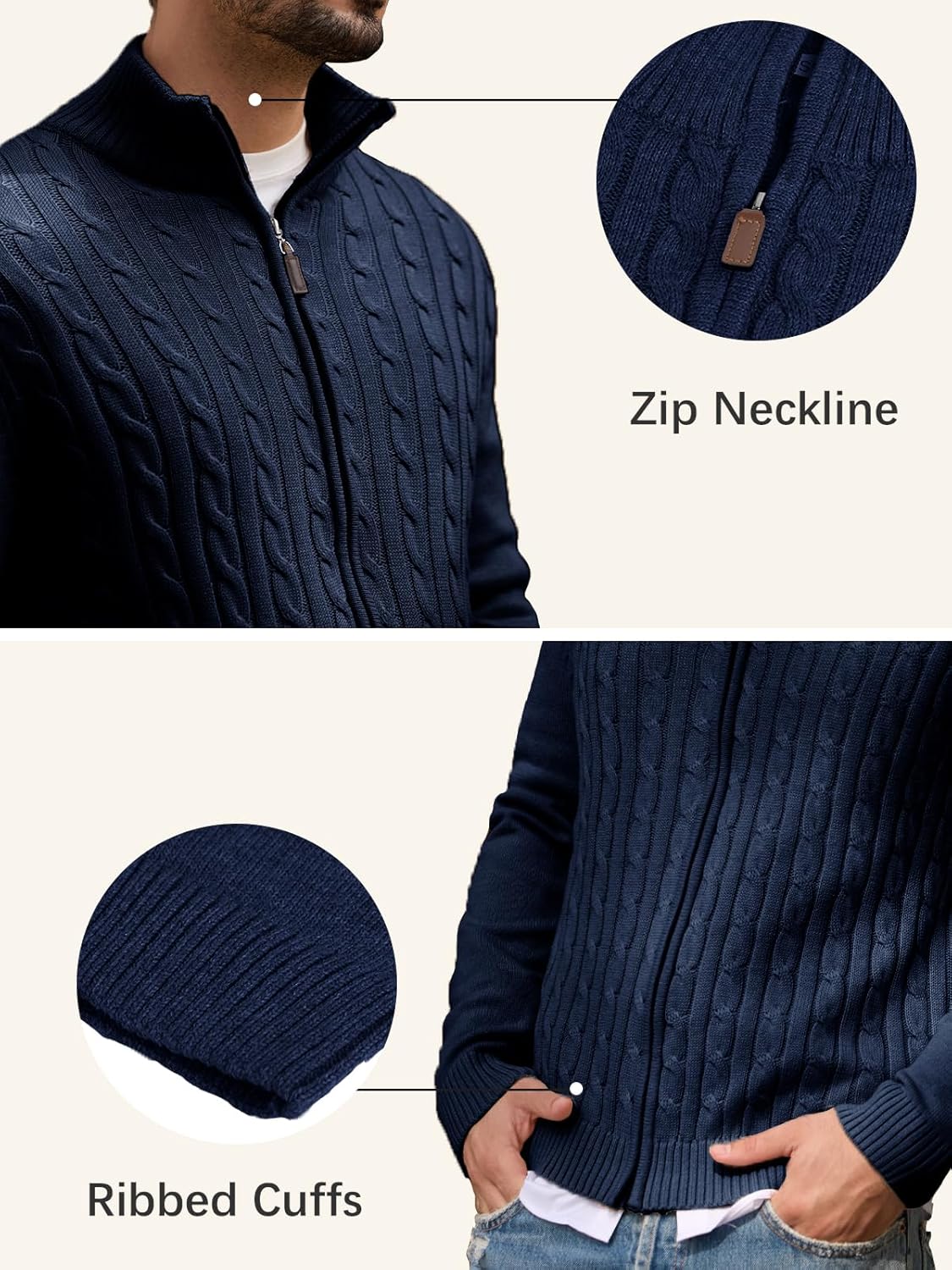 Les umes Men's Cardigan Sweaters Full Zip Stand Collar Cable Knitted Sweater Cotton Long Sleeve Zipper Cardigans - Image 5