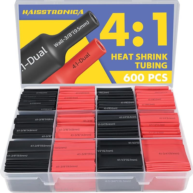 haisstronica 600PCS 4:1 Heat Shrink Tubing Kit 3/32"-3/4" Black/Red | Adhesive Lined, Marine-Resistant, Heat-Activated Seal, Electrical Wiring, Wire Insulation, Automotive & Industrial Repair