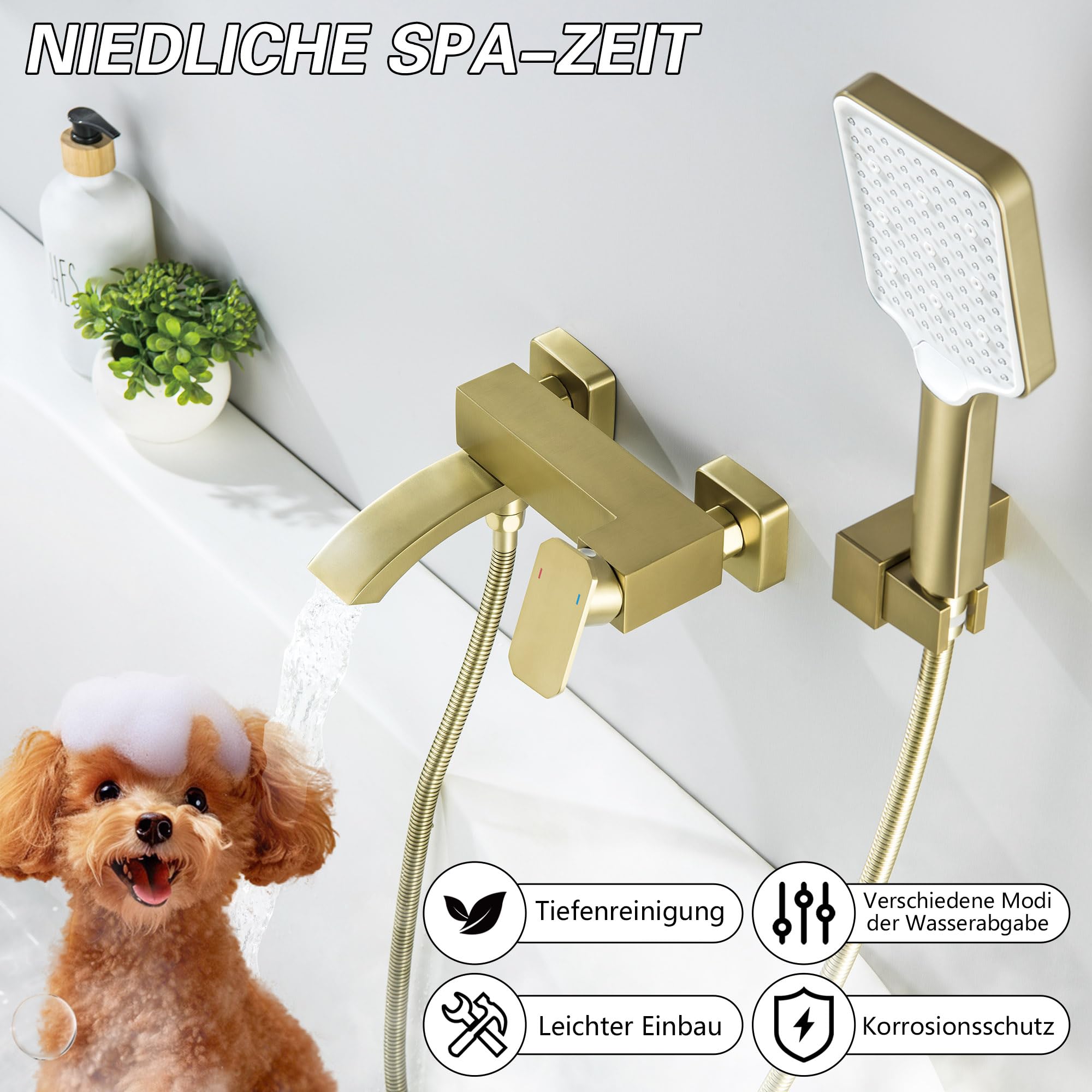 Rubinetto per vasca da bagno oro spazzolato con doccetta grande e beccuccio girevole 90° 3 funzioni