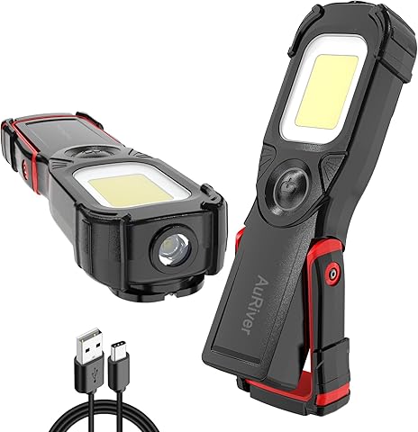 Linterna de Trabajo LED Recargable,Luz de Trabajo Super Brillante LED Parte Delantera de 5W COB LED con Base Ajustable, Gancho e Imán para Hogar, Taller, Automóviles, Camping, Emergencia (Negro/R)