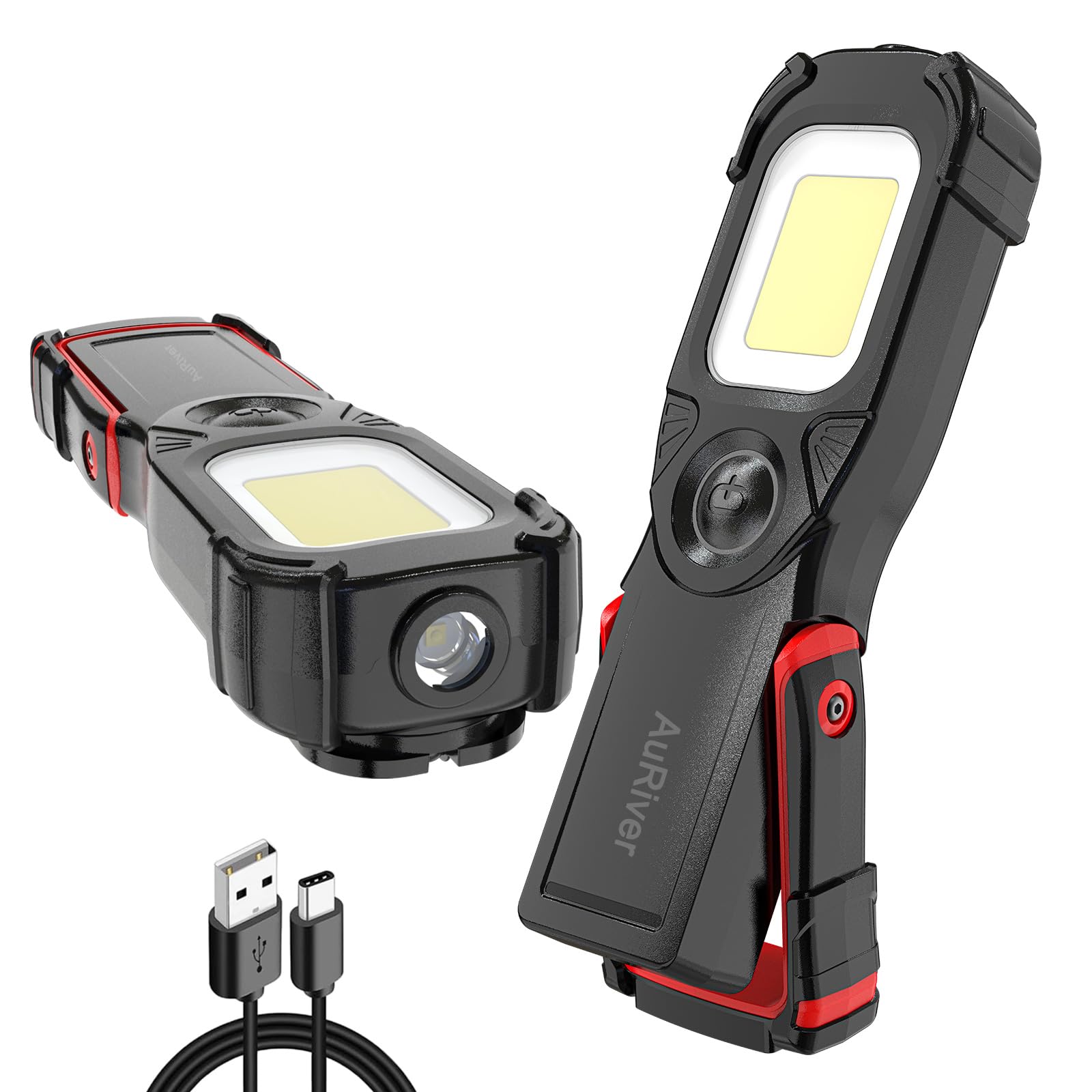Lampe de Travail LED Rechargeable,Lampes d'inspection à LED Devant 5W COB avec Crochet et Base Magnétique pour Voiture, Camping, Urgence (Noir/R)