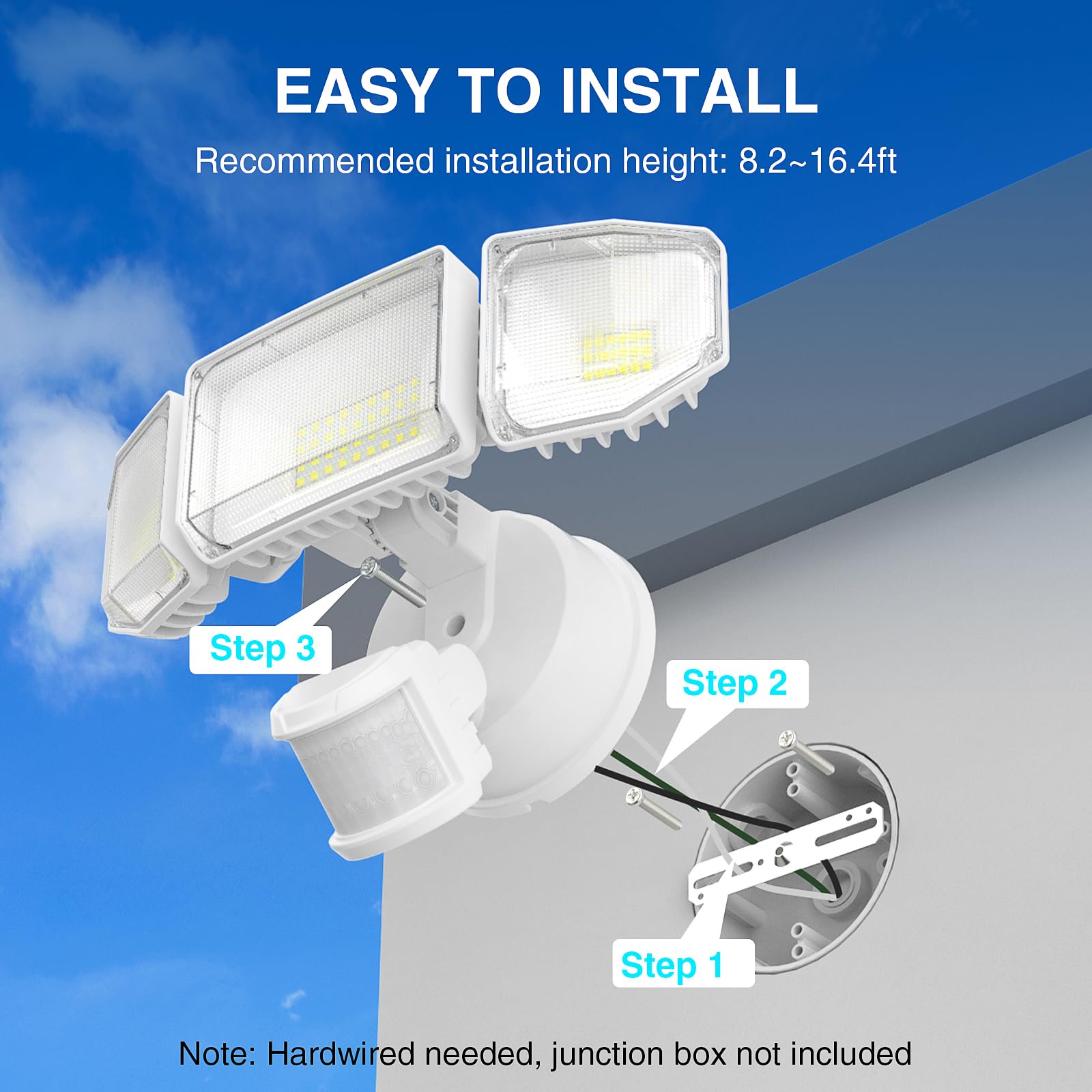 Abovizo - 85 W LED-Sicherheitsleuchten, Bewegungsmelder, 8500 lm, wasserdicht, IP65, Flutlicht, 6500 K, 3 Köpfe, Bewegungserkennung, Flutlicht