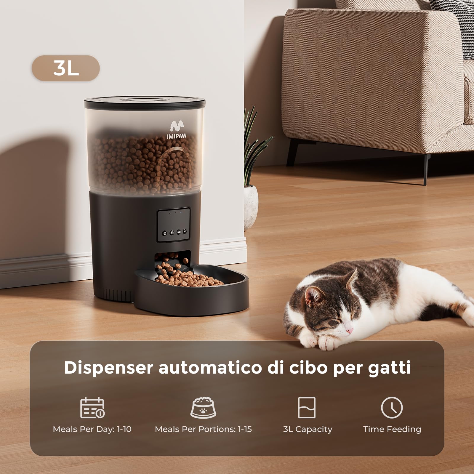 IMIPAW Distributore Automatico Cibo per Gatti - Alimentatore Intelligente 3L, Controllo APP, Timer Programmabile, 10 Pasti al Giorno, Dispenser Cibo per Cani Domestici di Taglia Piccola e Media