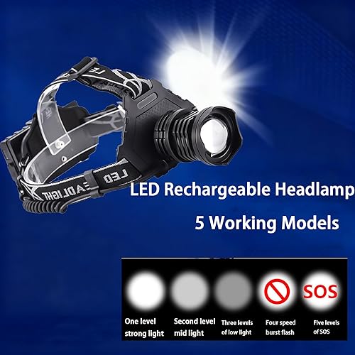 Miniatura 3 de Linterna frontal recargable LED ultra brillante  90.000 lúmenes, 12 horas de funcionamiento, batería de 7500 mAh, 5 modos de luz, 90 ajustable,