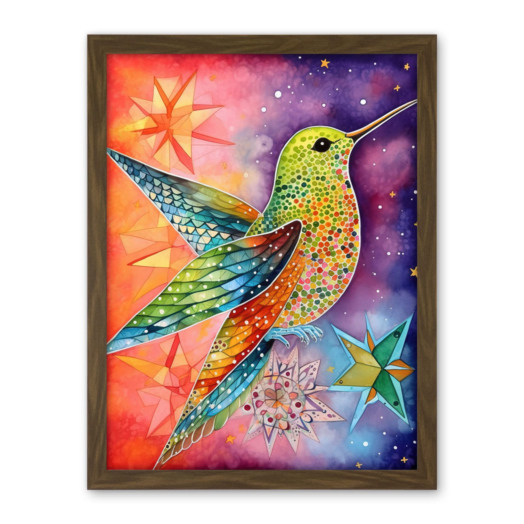 Artery8 Hummingbird In Vibrant Astral Field Folk Art Watercolour Painting Artwork Framed Wall Art Print 18X24 Inch