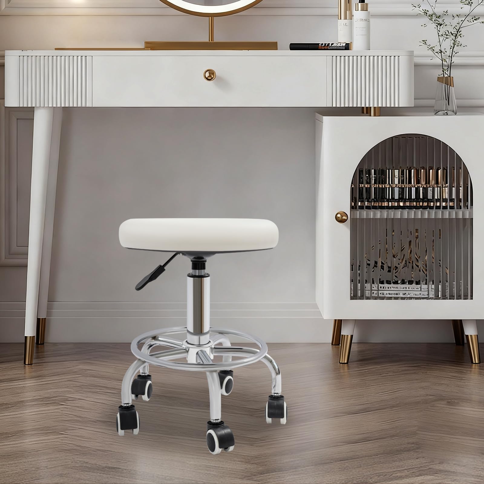 Hydraulischer Drehhocker – Höhenverstellbarer Friseurstuhl bis 150kg, Drehbarer Salonhocker aus PVC & Stahl für Barbershop, Kosmetik & Studio (45-57cm, 33cm Sitz)