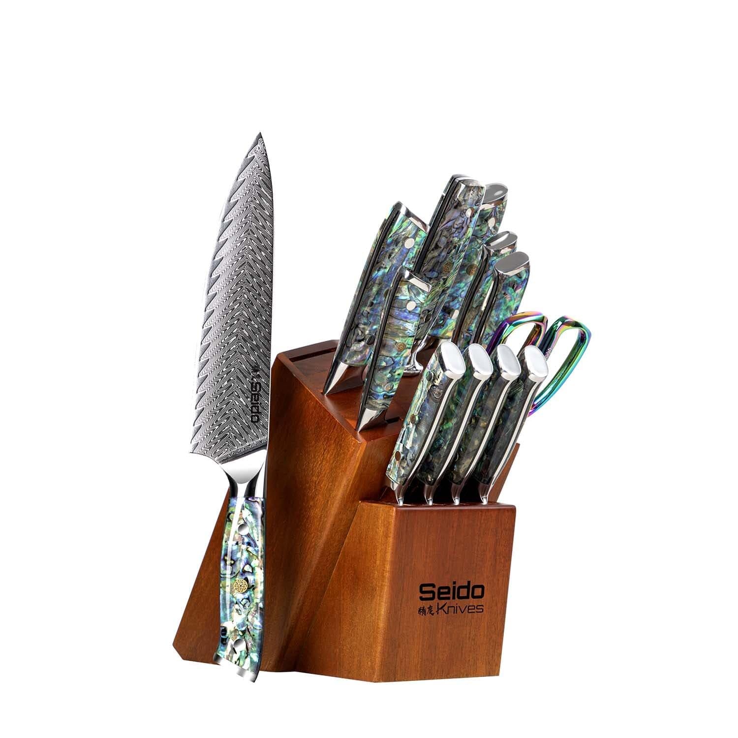 13-Piece Awabi Knife Block Set Premium VG-10 Damascus Steel Knives with Abalone Shell Resin Handles