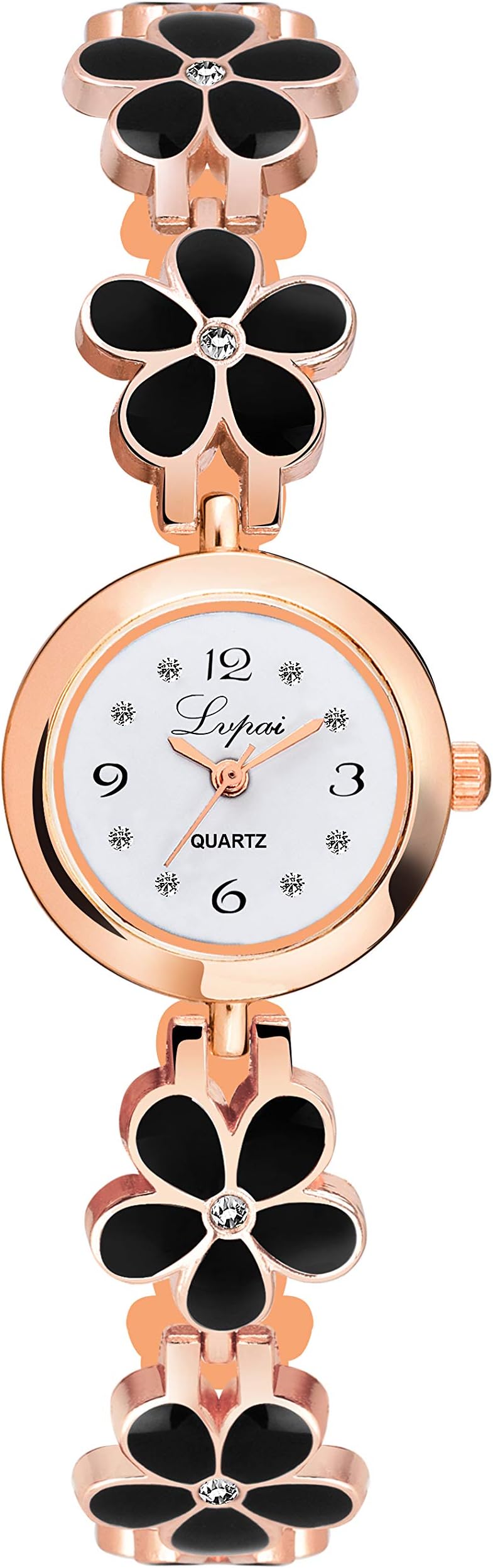 Rose Gold Black Flower Pattern Alloy Strap Dress Analogue White Dial Women's Watch