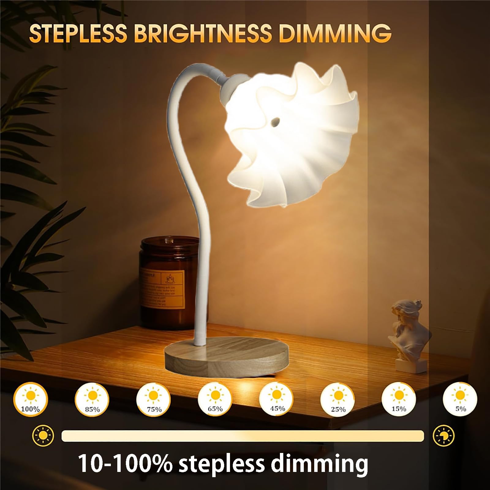 Blumen-Tischlampe, Schwanenhals, Maiglöckchen, Schreibtischlampe mit stufenlosem Dimmen, biegbar, Blumenlampe, augenschonendes Nachttischlicht, LED-Leselampe für Schlafzimmer, Lesen, Büro,