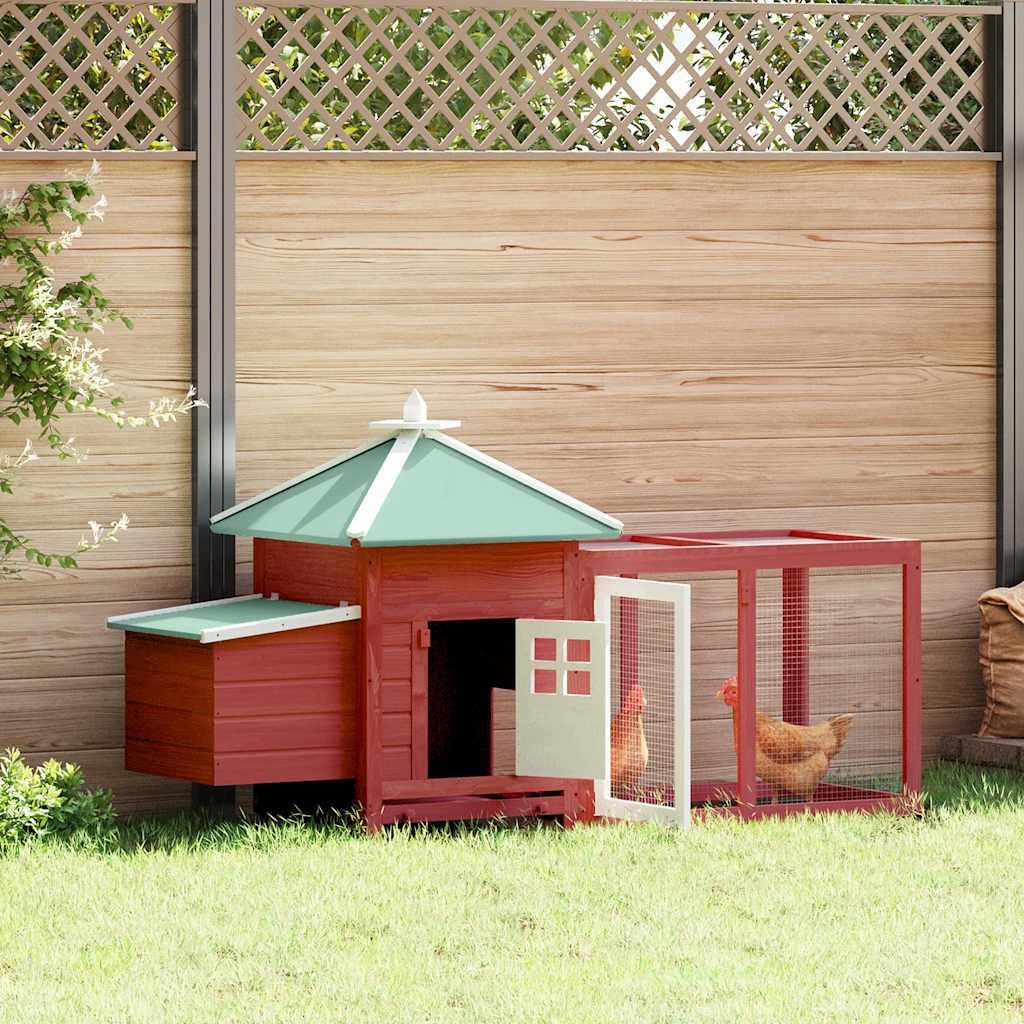 Hühnerstall mit Hühnernest Rot aus massivem Tannenholz 190x72x102 cm mit großem Auslauf und verzinktem Stahlgeflecht für Kleintiere, Kaninchenstall, Outdoor Gehege, komfortable Behausung