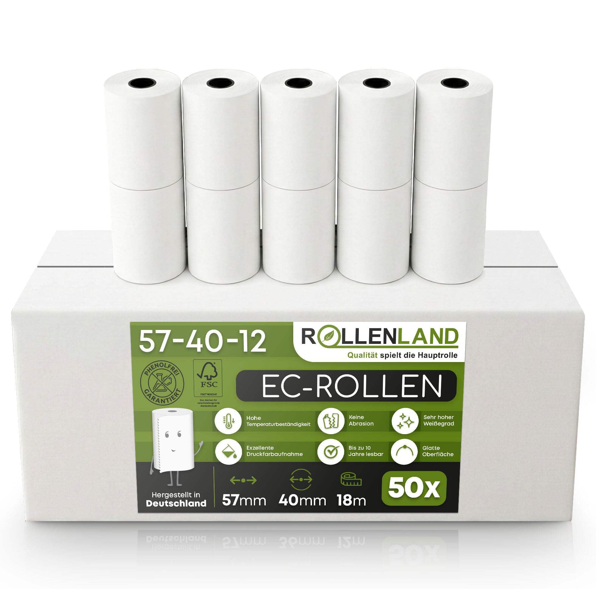 ROLLENLAND 50 EC Rollen 57x40x12 [18 m Lauflänge & PAYONE Aufdruck] Thermorollen für EC Geräte, Kassenrollen, Bonrollen, BPA frei, 55 g/qm