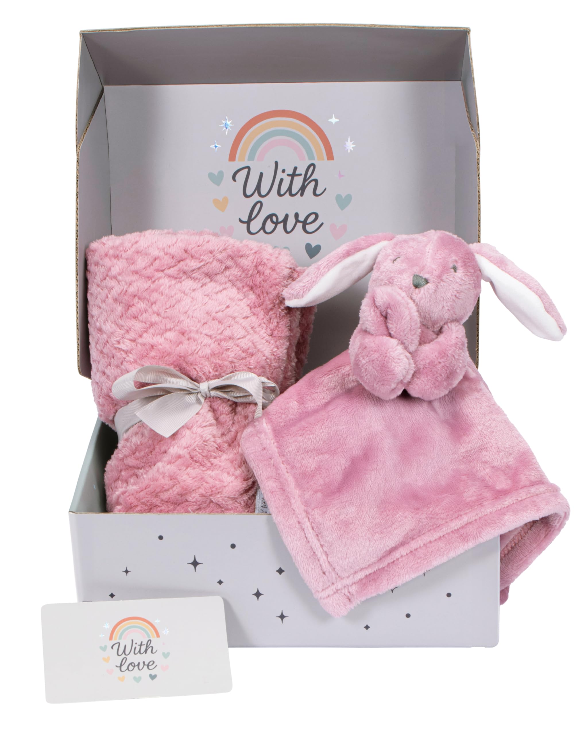 Hoolaroo Newborn Baby Gift Set – Baby Hamper Box with Comforter, Soft Fleece Blanket, & Card – Ready to Gift for Gender Reveals, Dusky Pink