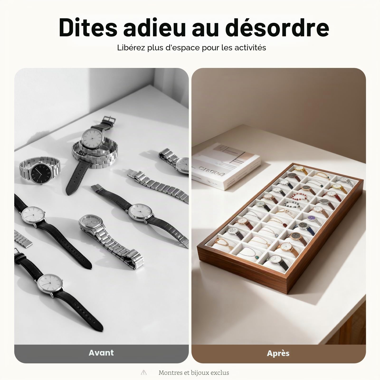 Boîte de rangement en bois pour montres, bijoux, vitrine, bracelet, plateau de rangement, boîte de rangement, boîte de rangement pour montres (30 emplacements)