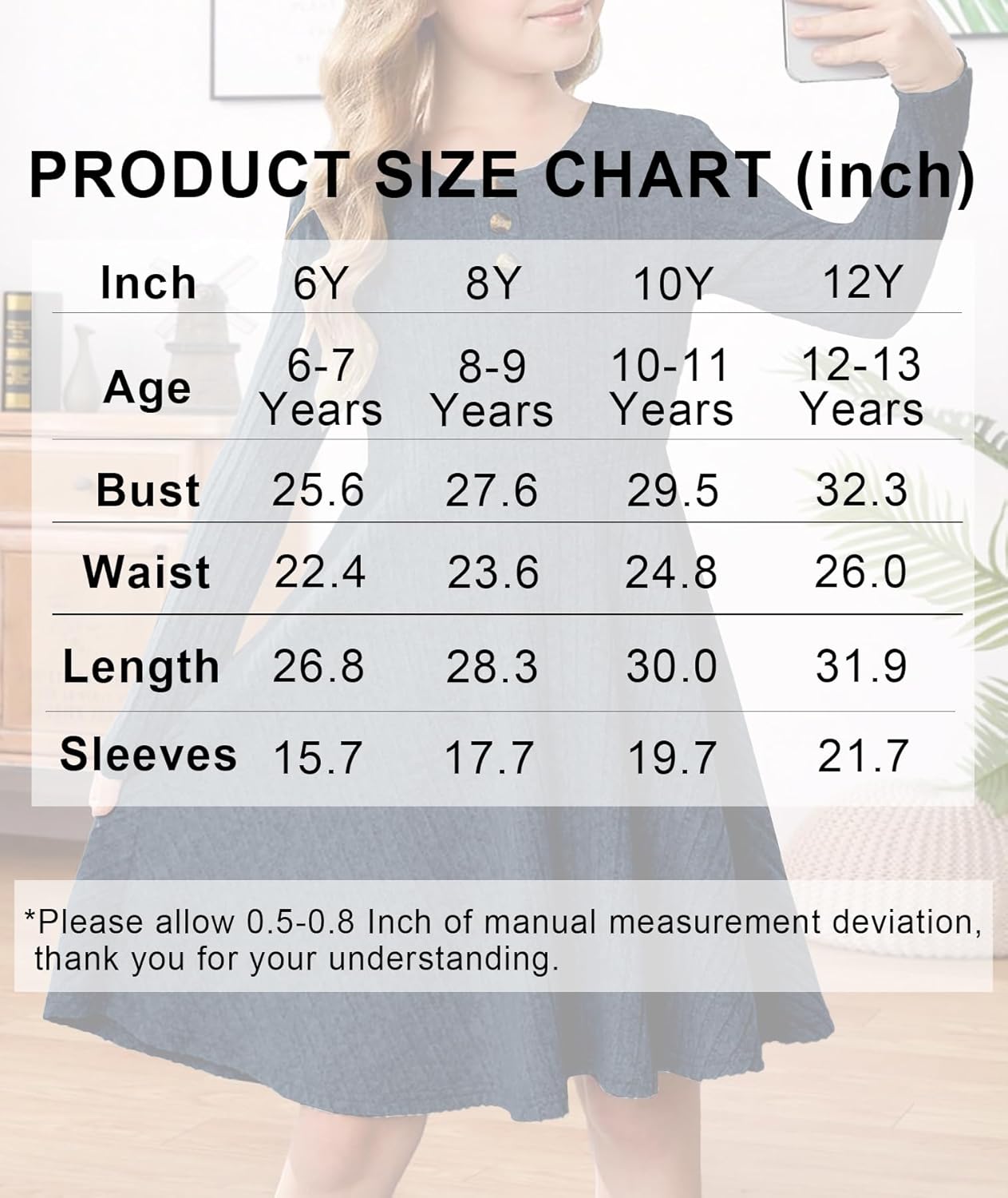 YOVION Girls Fall Long Sleeve Crew Neck Button Down Casual Flared A-Line Ribbed Knit Dress with Pockets for 6-12 Y - Image 6