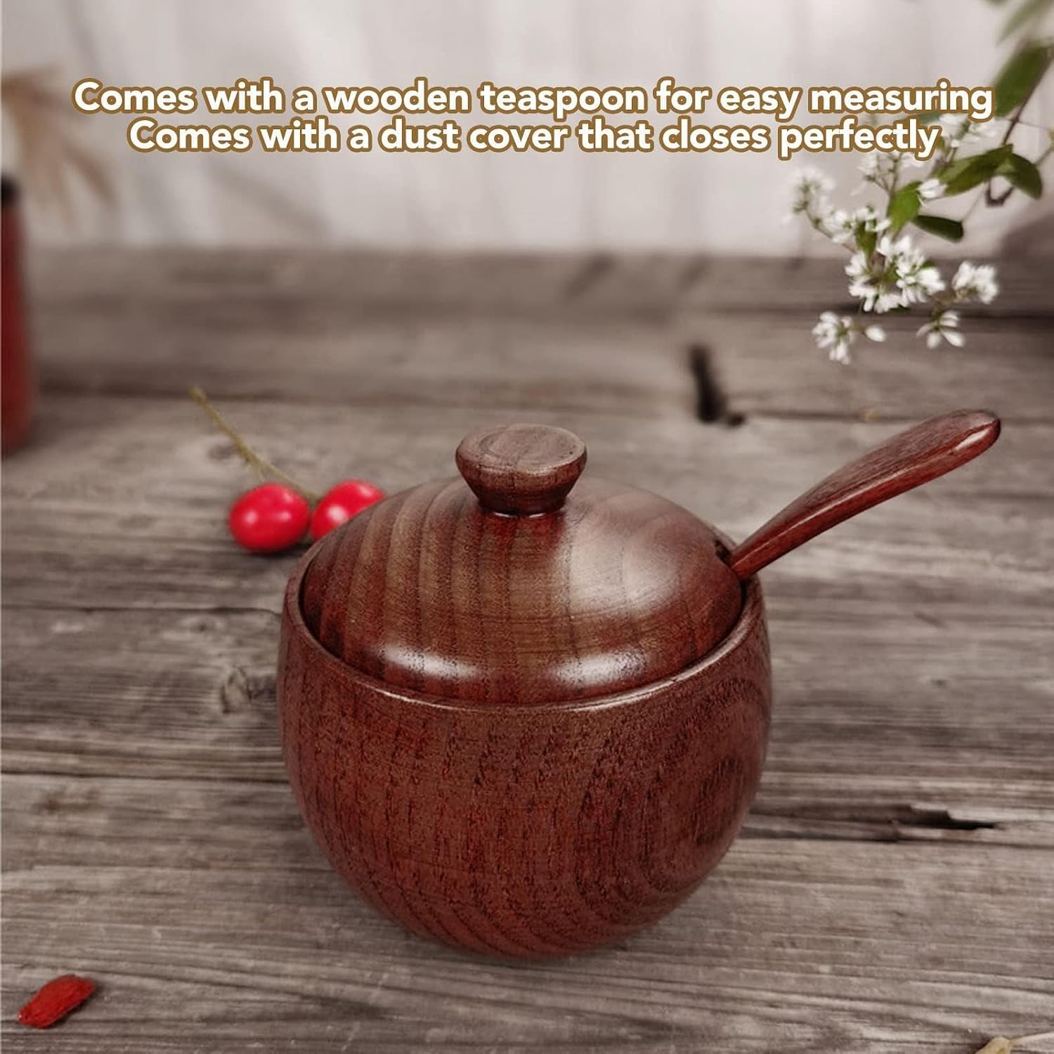 Wooden Salt Box with Lid Spoon, Sugar Bowl Seasoning Container Holder Salt Spice Jar Box Salt Keeper, Pepper, Tea Container for Kitchen Countertop Restaurant