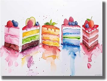 IZTAWEY Colorful Cake Slices Canvas Print Whimsical Home Decor Wall Art for Kitchen and Bakery Watercolor Dessert Painting 12x16inch No Frame