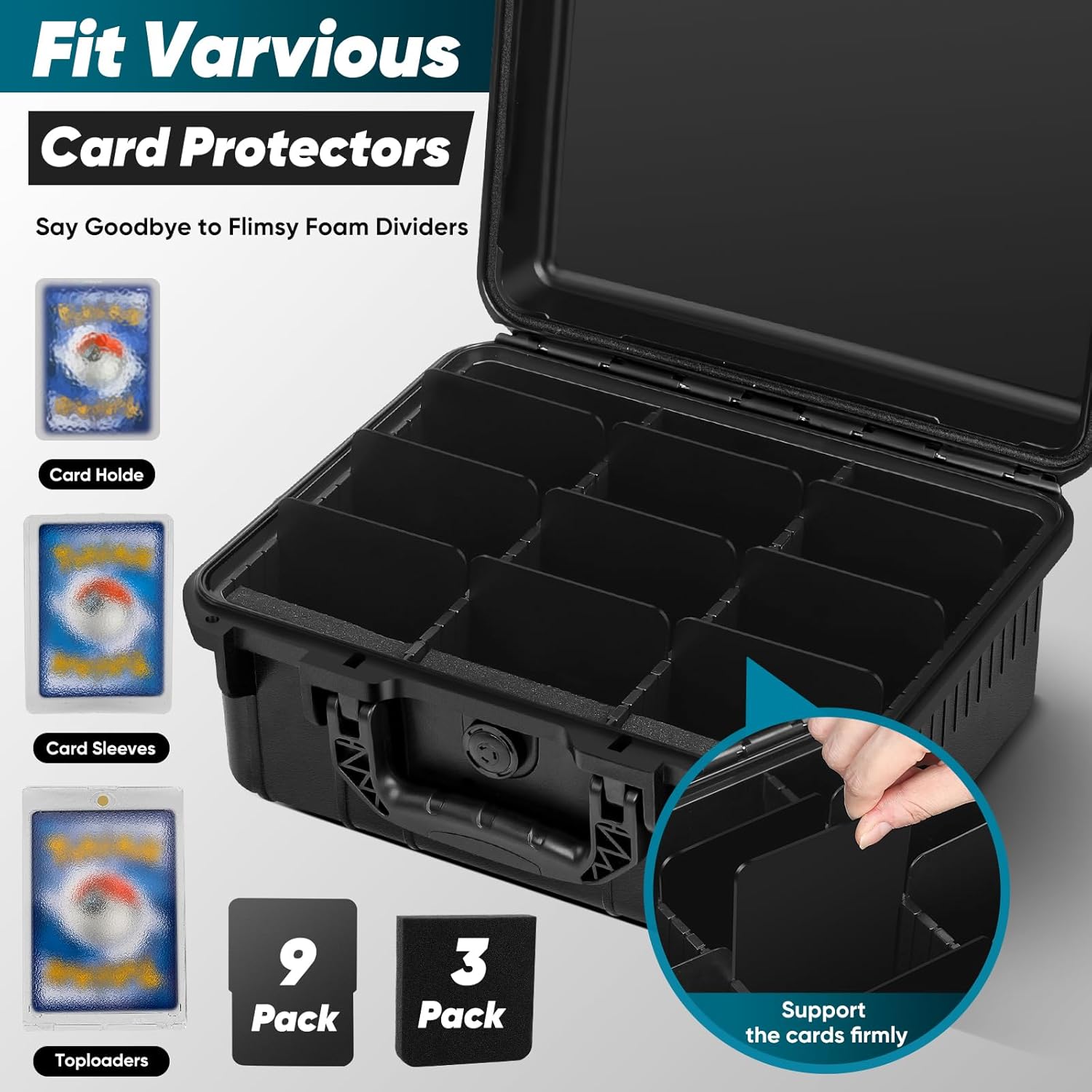 Toploader Storage Box for 3" x 4" 35PT Rigid Card Holder,Also fit Magnetic Card Holder.Trading Card Storage Box with 9 Adjustable Dividers(Holds 300 Toploaders)