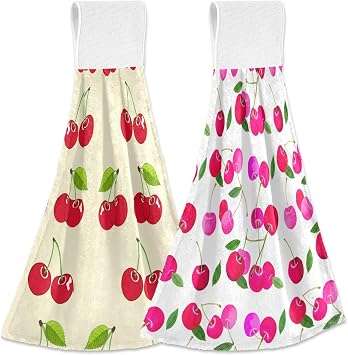 Red Cherry Kitchen Towels Hanging Hand Towel with Loop & Hook, 2 Pcs Soft Absorbent Hand Tie Towels for Bathroom Kitchen Tea Bar Decor