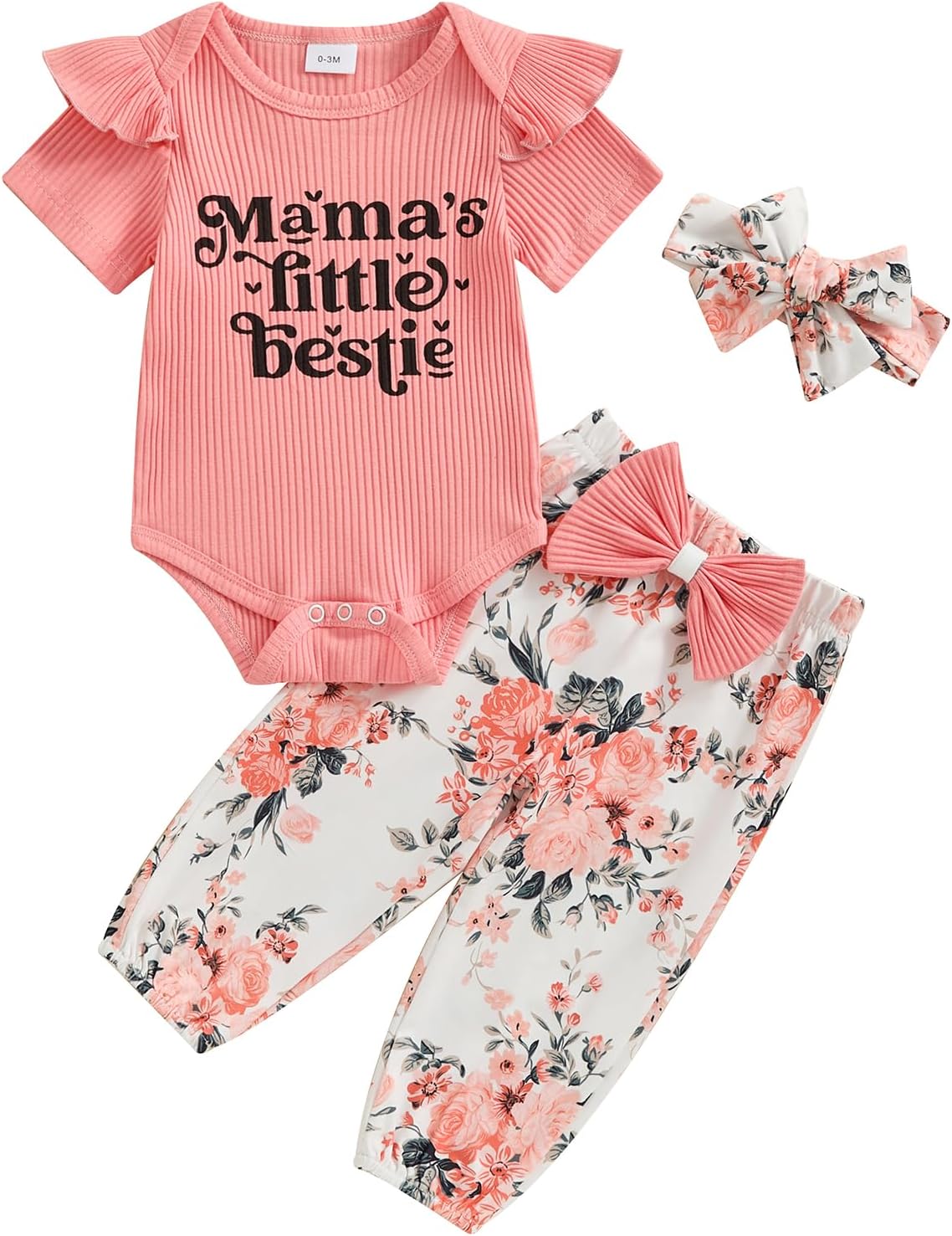 Adobabirl Newborn Baby Girl Clothes Short Sleeve Ribbed Romper Onesie Bowknot Floral Pants Headband 3Pcs Clothing Set