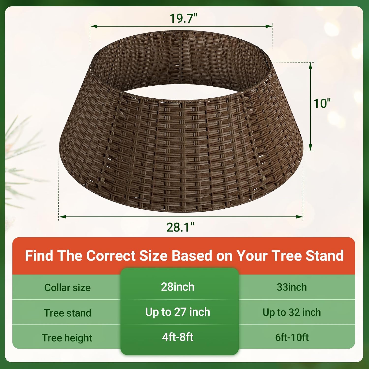 ELYKEN Wicker Christmas Tree Collar for 7.5 ft Trees, 28 Inch Woven Xmas Tree Skirt, Stylish Rustic Farmhouse Basket for Tree Base Cover with Cord Cut-Out for Pencil Tree, Brown