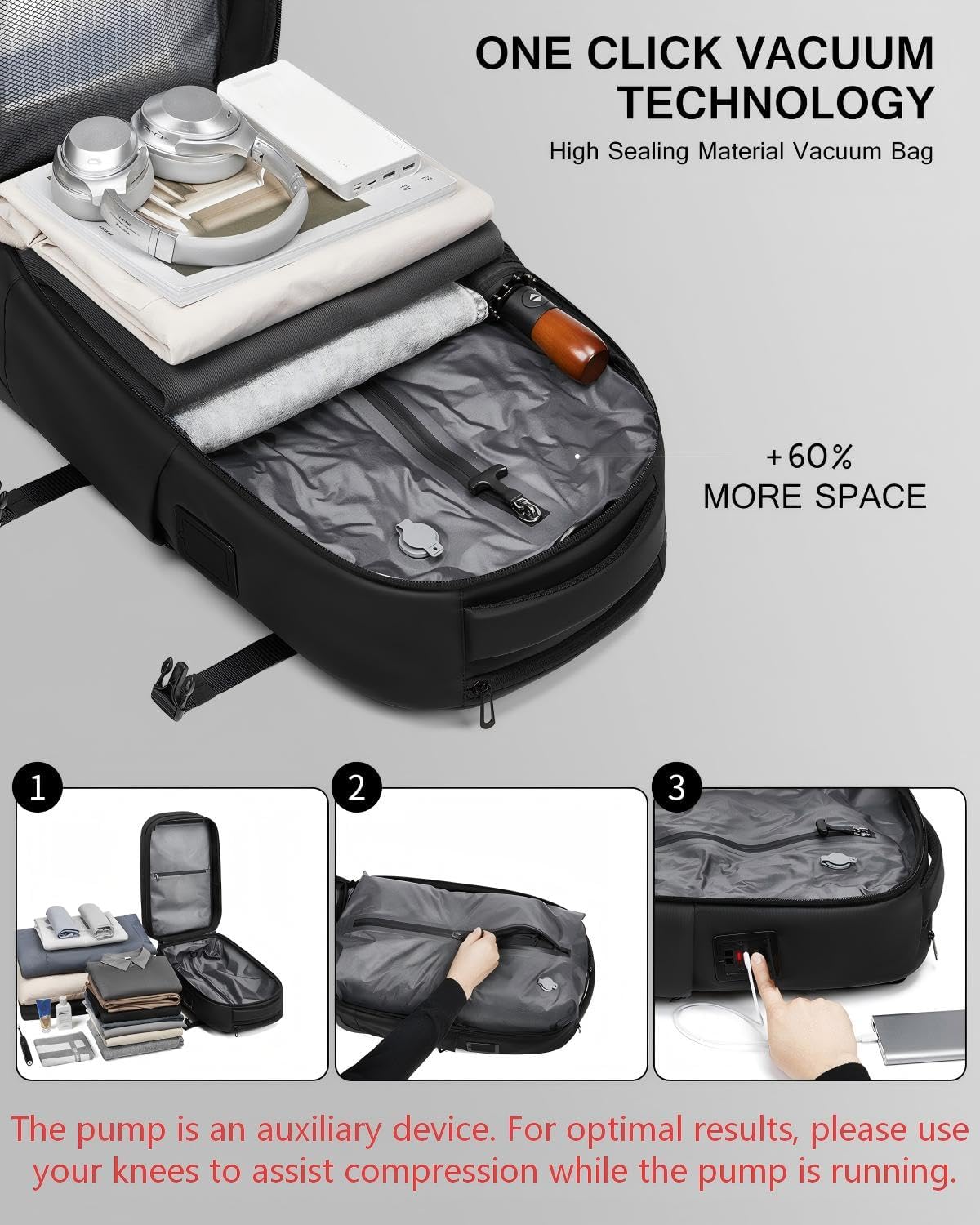 Vacuum Rolling Backpack Travel with One-Click Compression, Airline Approved Carry On Luggage with TSA Lock, 17 Inch Roller Suitcase Laptop Bag with USB Charging Port for Business Trips,Outdoor - Image 2