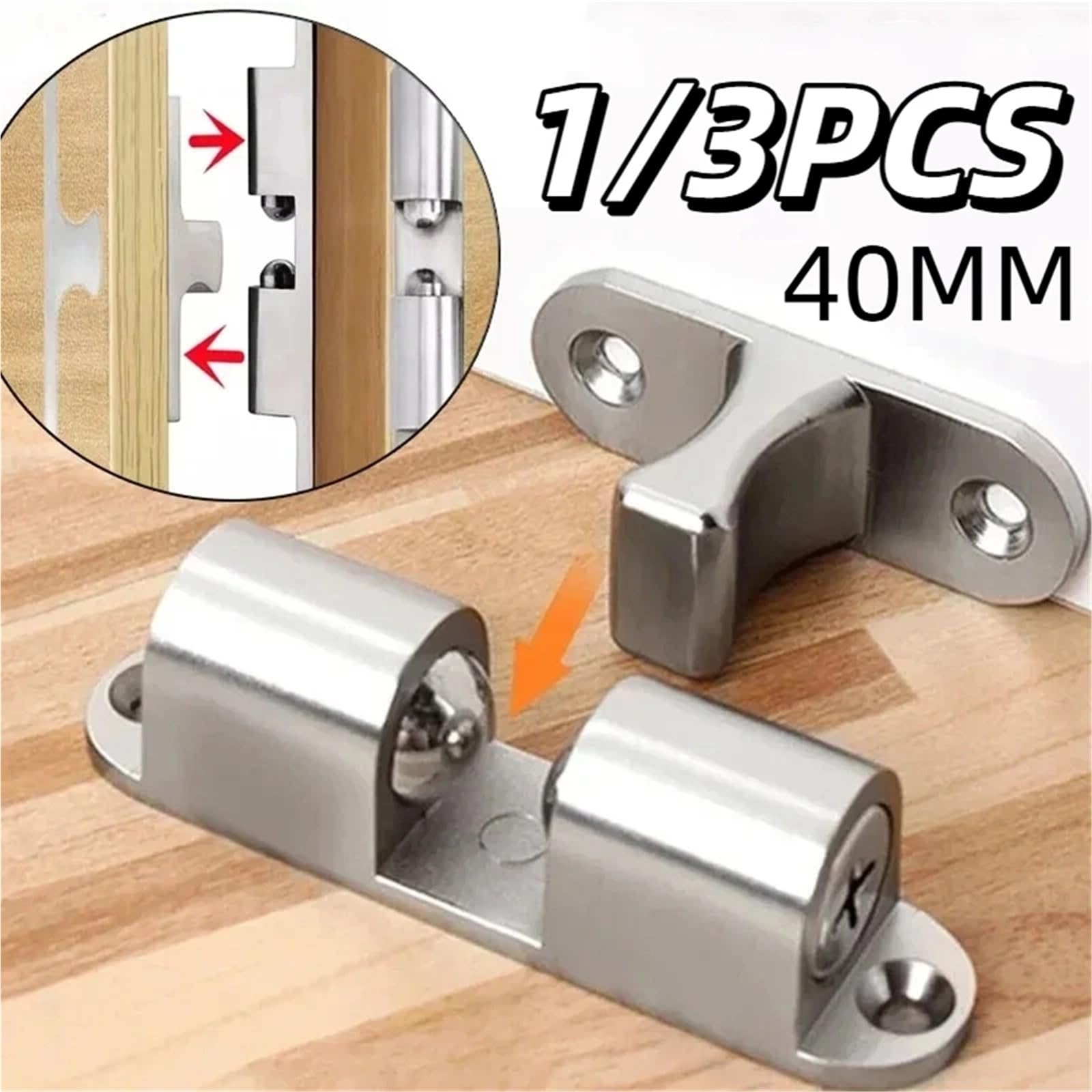 Pestillo de bola for puerta muebles, 1/3 piezas, latón, con resorte doble rodillo, for armario, tensión ajustable(Silver 1pcs)