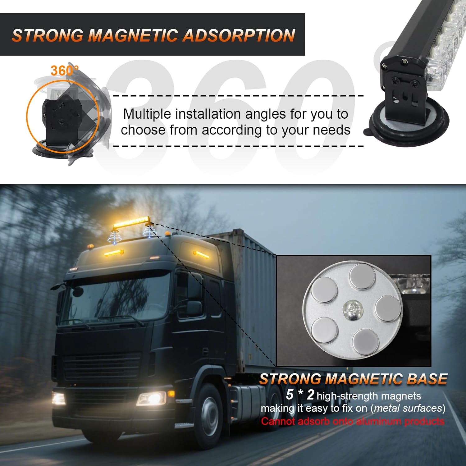 Amber Emergency Strobe Light, Rechargeable Wireless Magnetic Hazard Warning Beacon, 12-LED Flashing Safety Light for Trucks, Tractors, Trailers, Vehicles