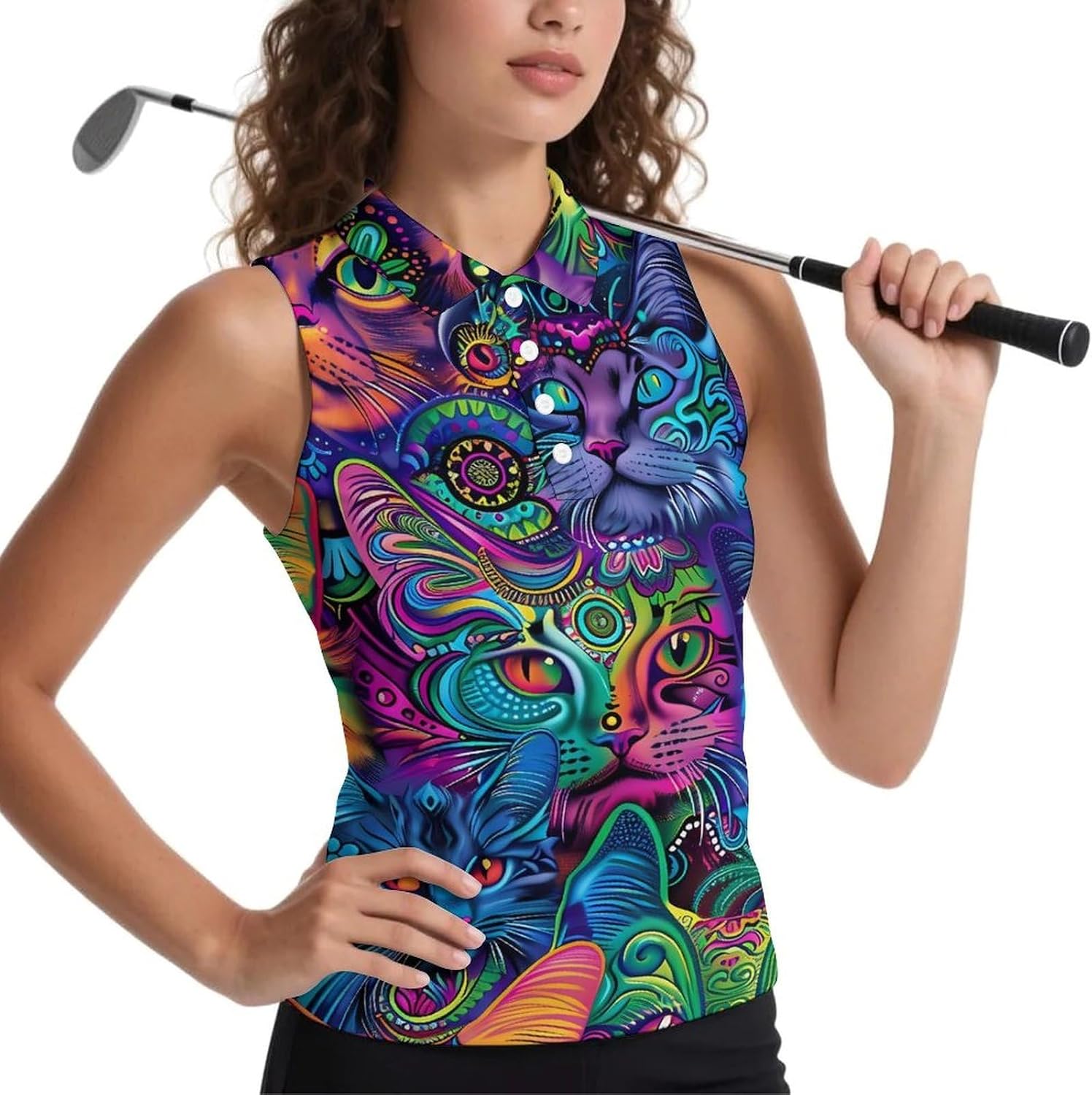 Colorful Cat Faces Women Sleeveless Collared Golf Polo Shirt | V Neck Tank Top,Breathable Tennis Shirts
