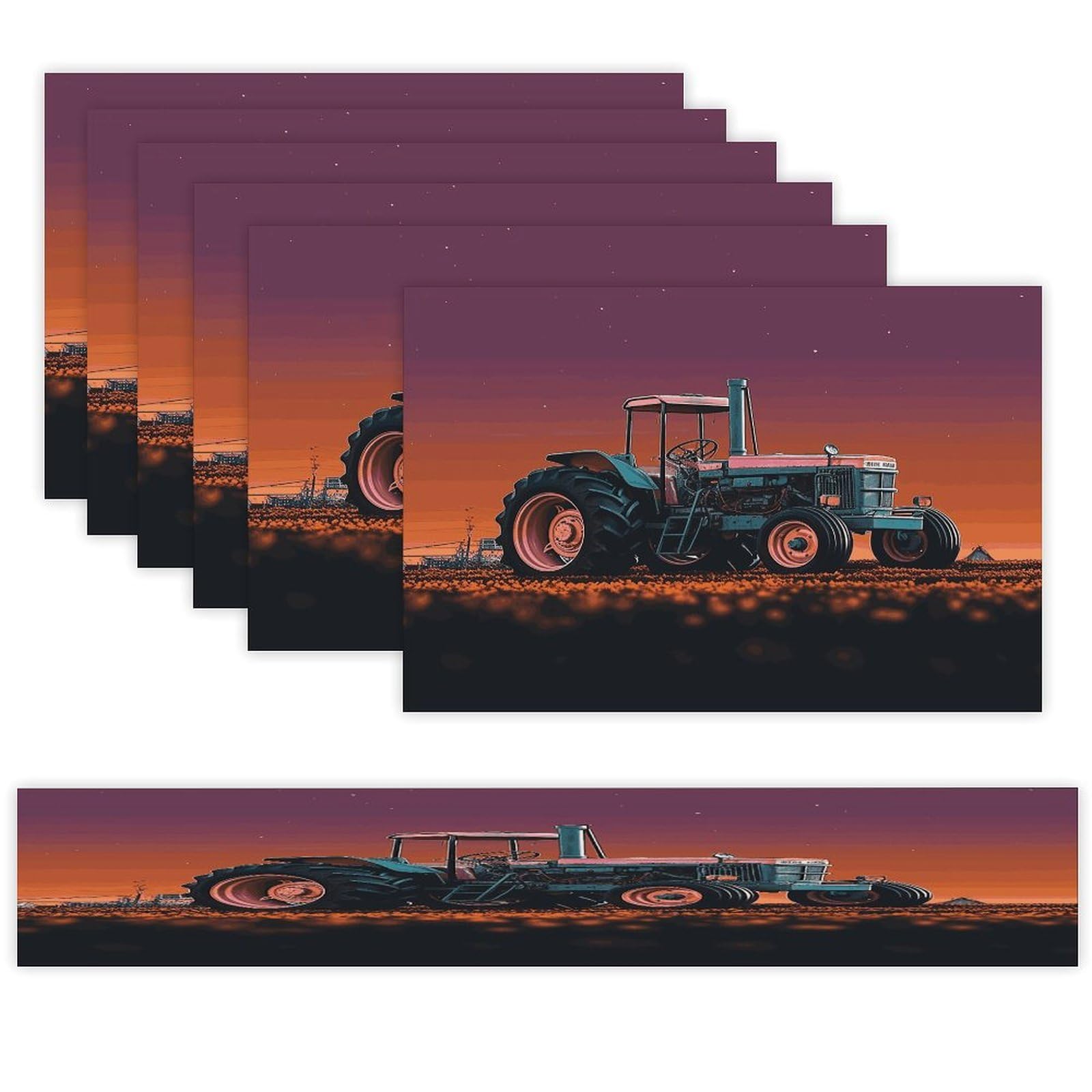 Aesthetic Tractor Table Runner and Placemats Set of 6 Wipe Clean Heat Resistant Table Mat with Table Runner Decorations Flax Linen Place Mat Set for Home Kitchen Party Supplies