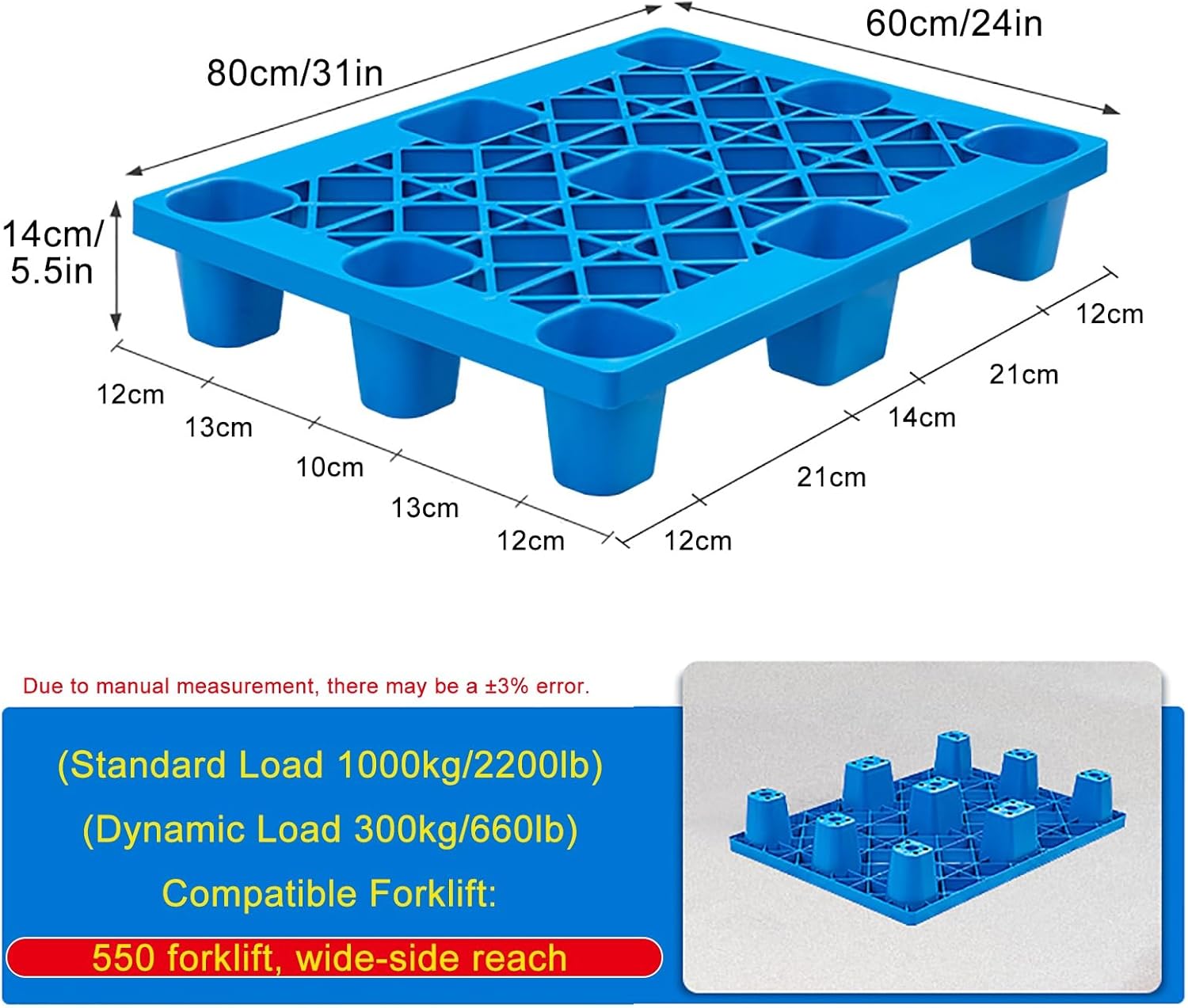 2pcs Plastic Pallets Waterproof, Storage Grid Pad Lightweight Floor, with Breathable Grids for Supermarket, Storehouse, Factory, Kitchen, and Basement(80x60x14cm/31x24x5.5in)