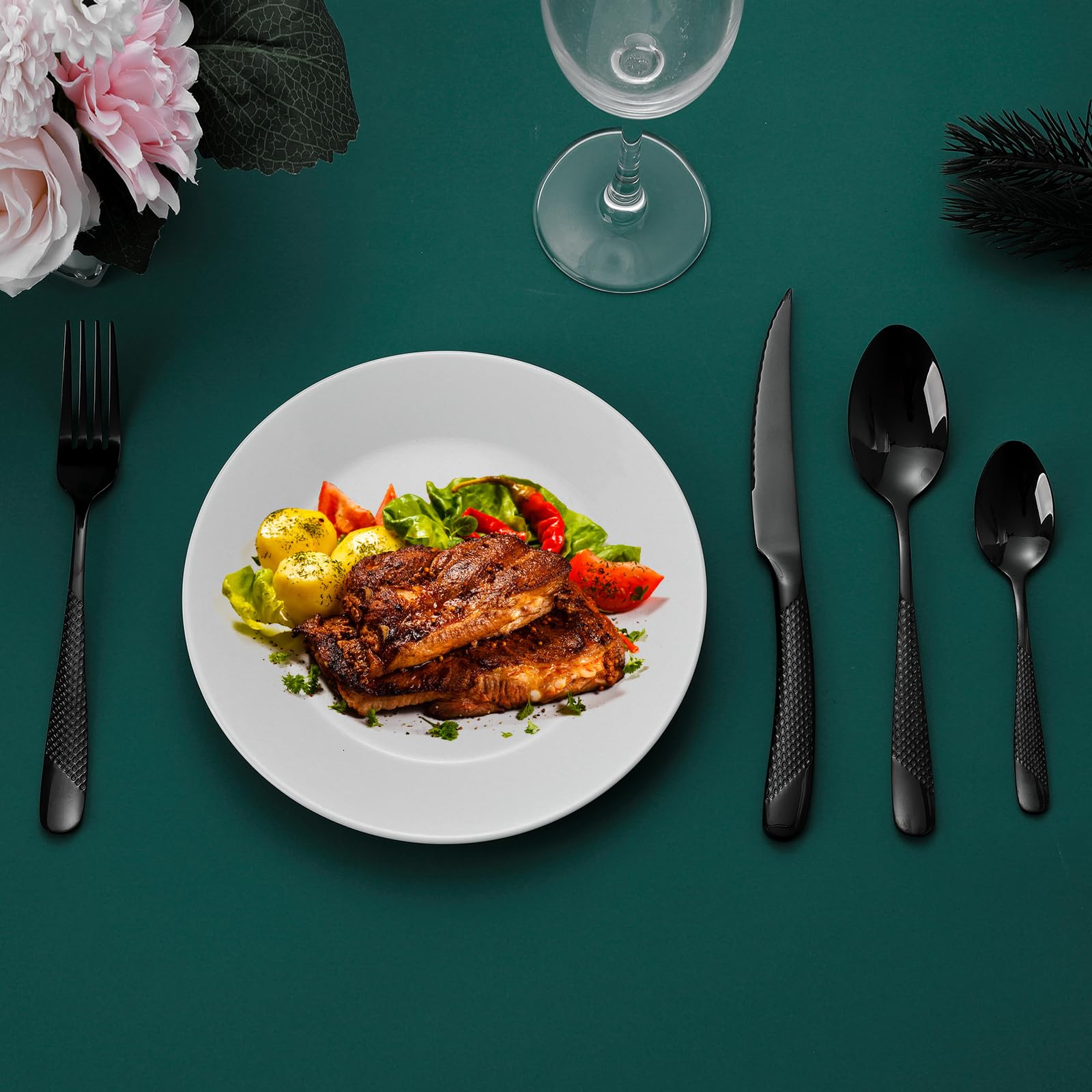 Set di posate martellate da 24 pezzi, posate in acciaio inox 18/10, set di posate per 6 persone, set di forchette cucchiai coltelli (Nero)