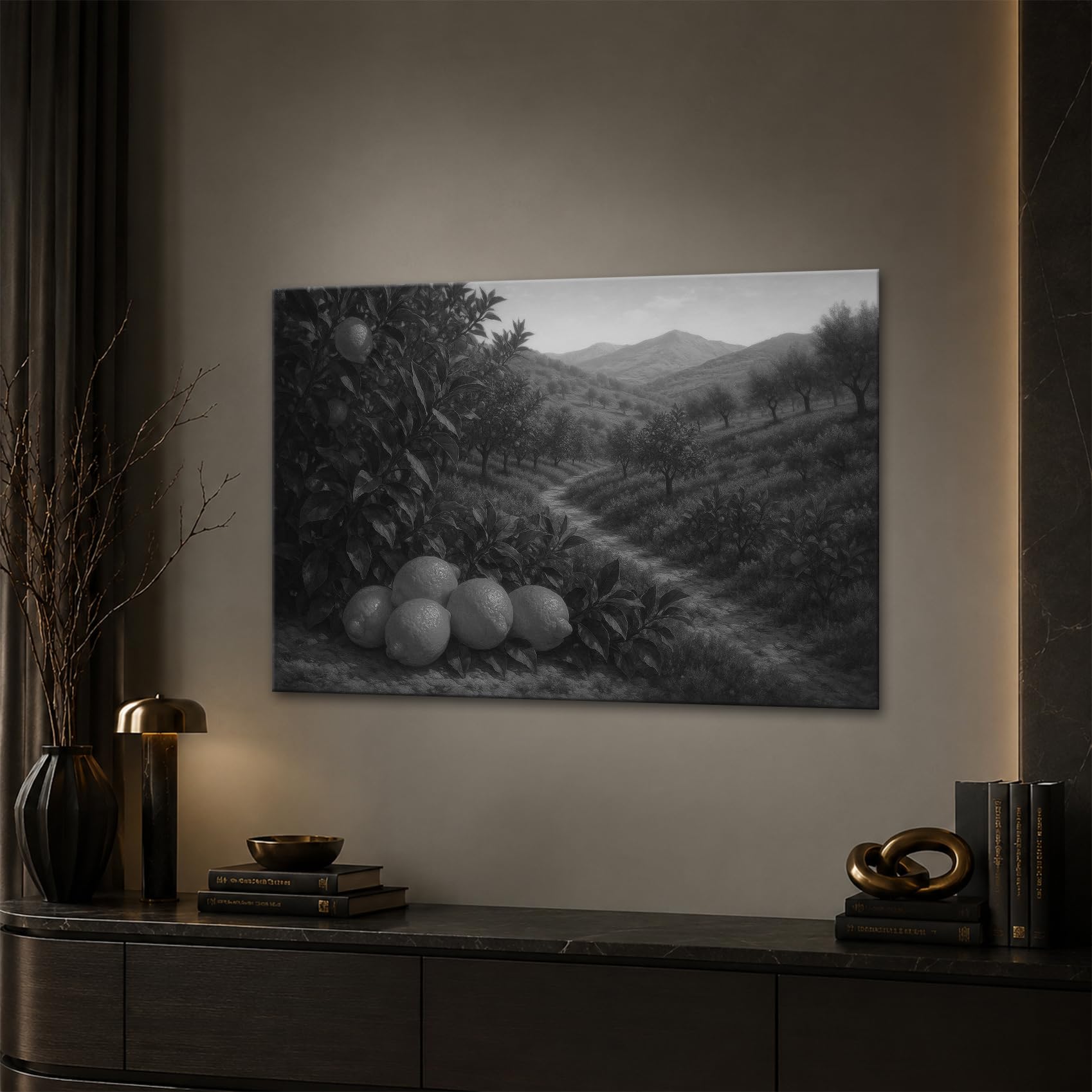 deyoli Obraz na płótnie drzewa limonki w słonecznej dolinie 100 x 70 cm czarno-biały