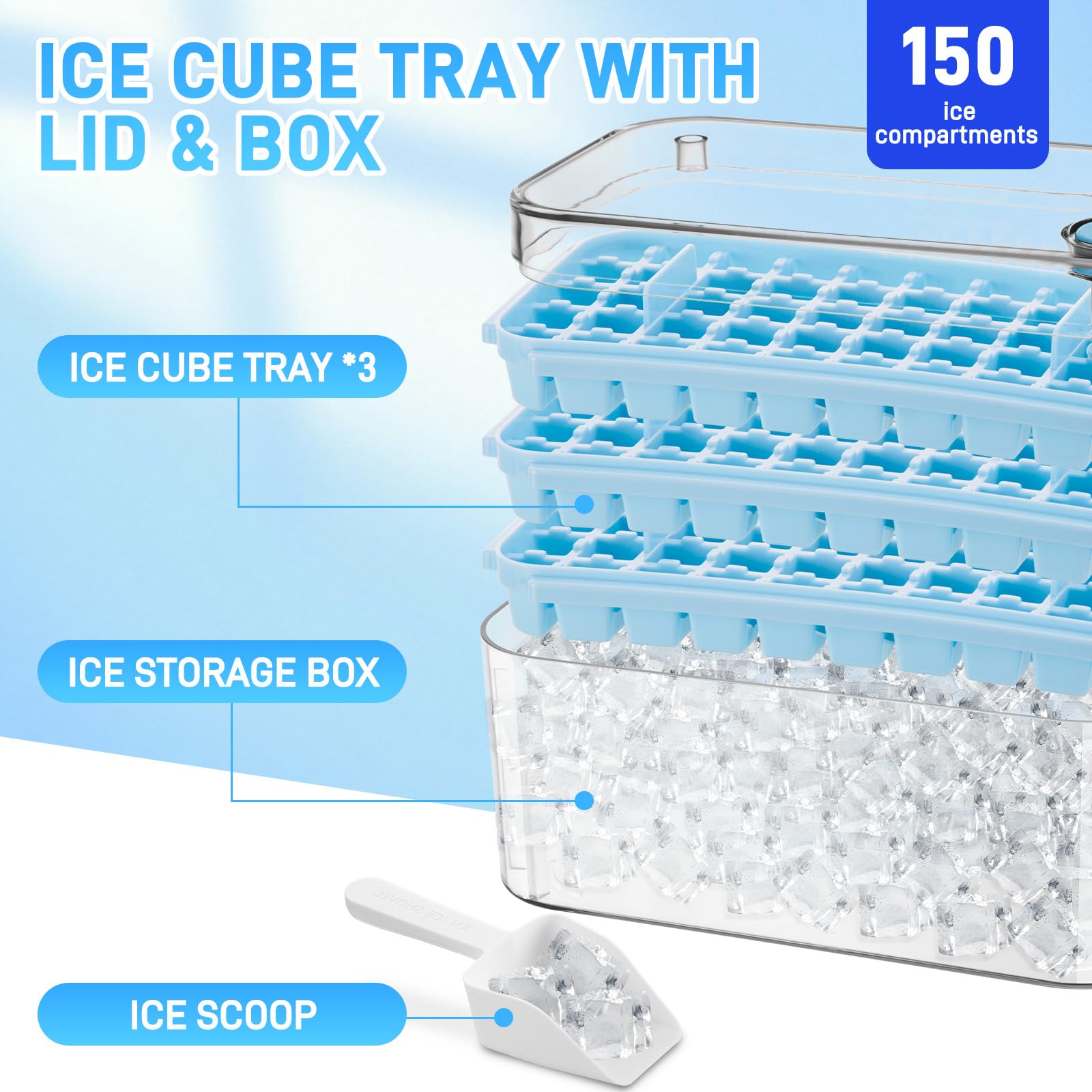 Eiswürfelform,150 Stück Eiswürfel, Eiswürfelbehälter mit Deckel und Behälter, einfaches Drücken, um das Eis zu lösen, Kühlen von Kaffee, Cocktail, Whiskey,3 Schalen, 1 Eiskübel und Schaufel （Blau）