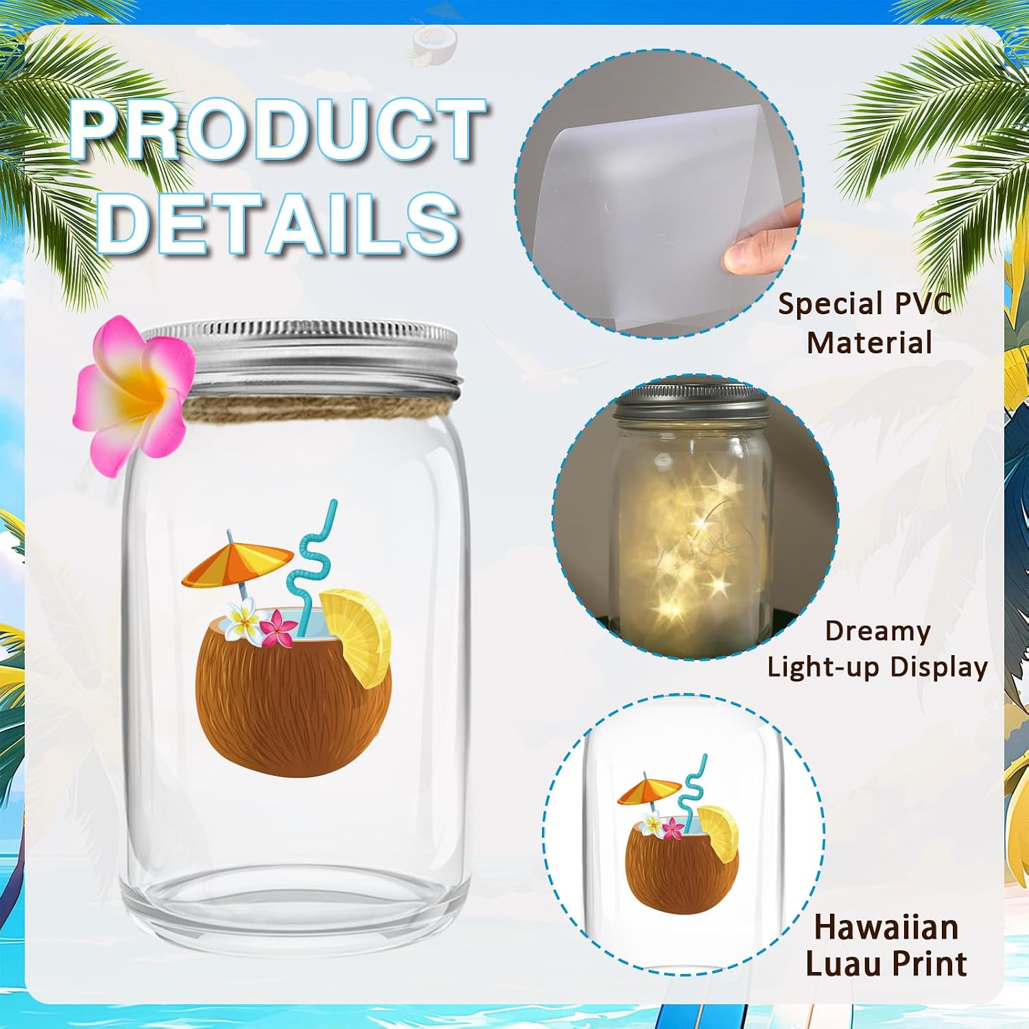Luau Party Decorations Mason Jars Set, 6 Pcs Glowing Mason Jars with Lids Centerpieces Decoration for Table for Hawaiian Luau Summer Pool Beach Party Table Decorations, Hawaiian Centerpieces