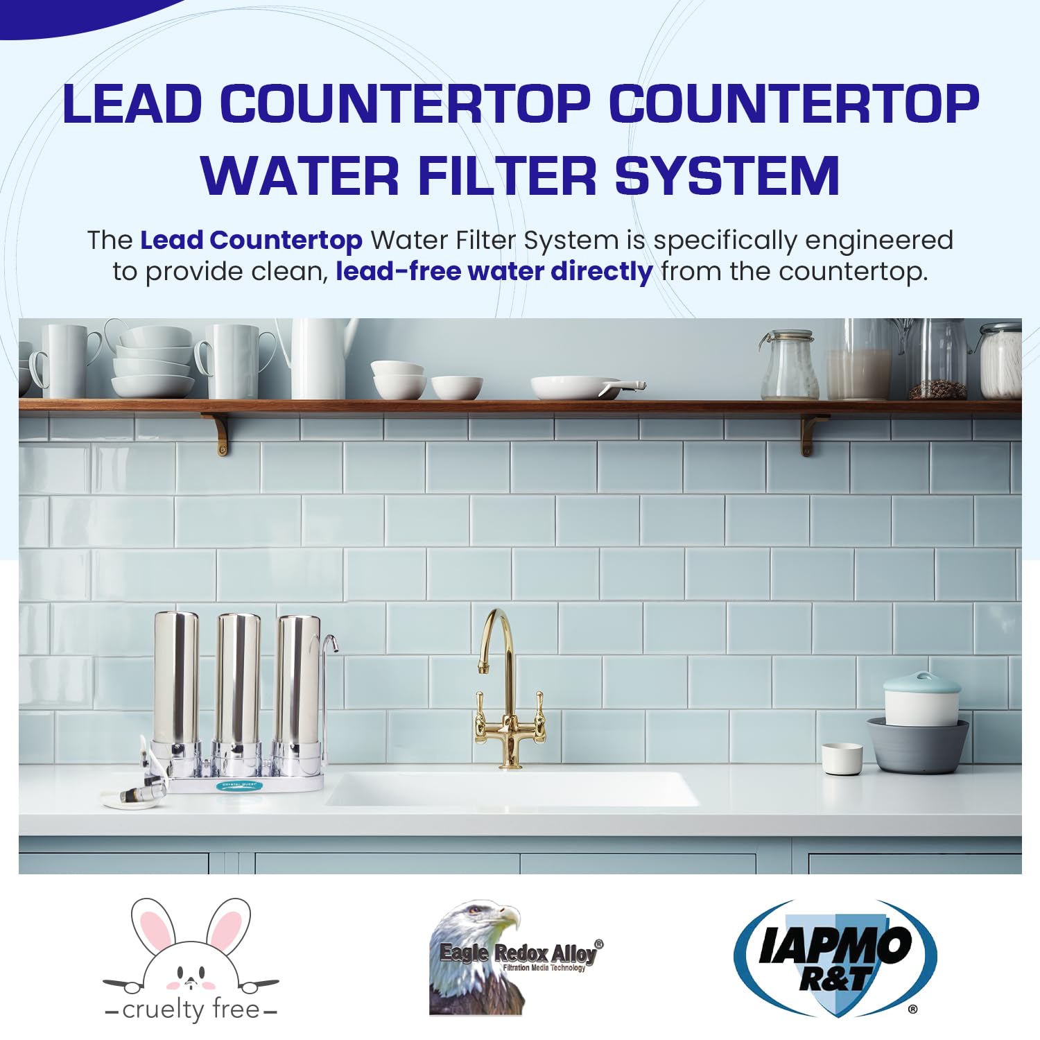 Crystal Quest Triple Lead Removal Countertop Water Filter System | Stainless Steel | Removes or Reduces Lead | BPA-Free Housing | Easy Installation on Kitchen Faucet | Clean, Safe Drinking Water