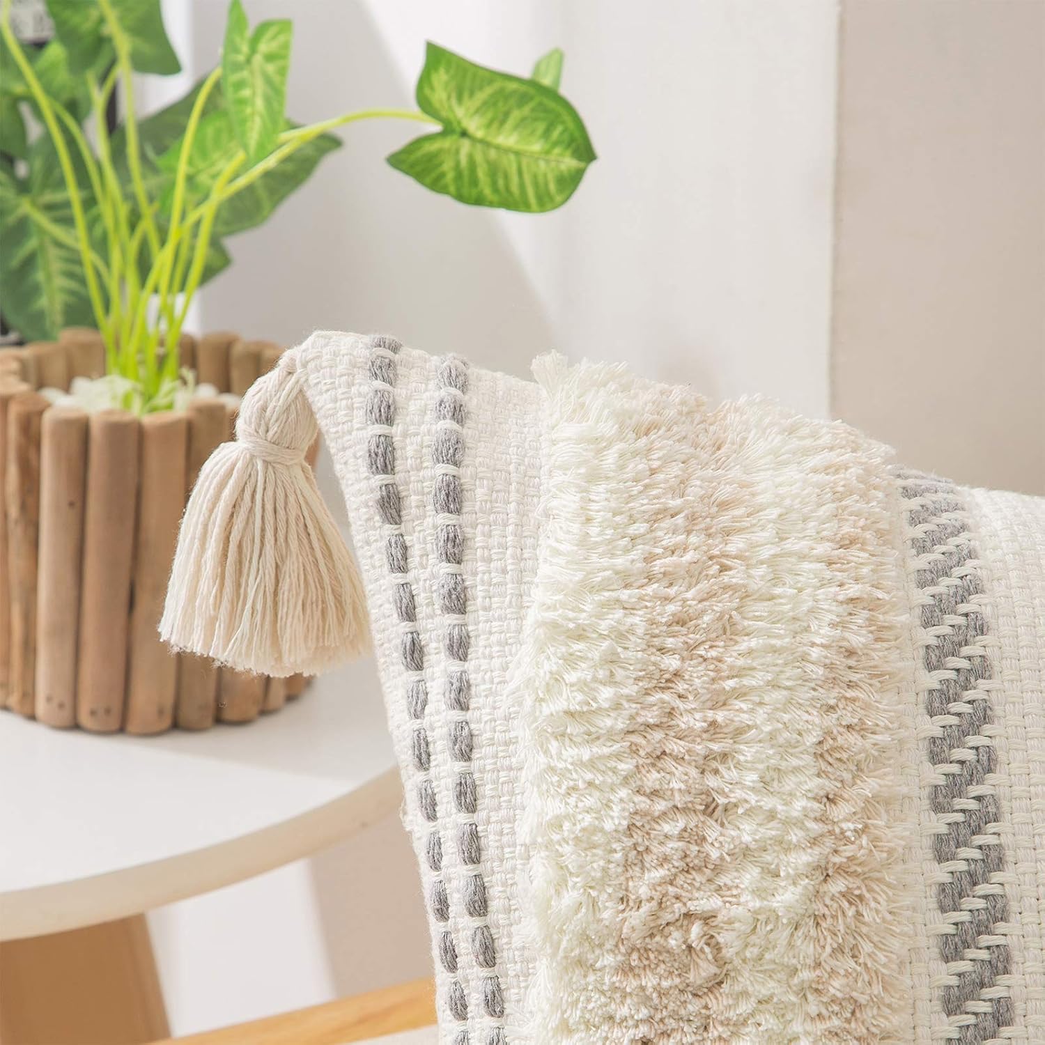 decorUhome Set of 2 Boho Lumbar Decorative Throw Pillow Covers for Bed Bedroom Neutral Accent Cushion Cover Grey Tufted Woven Pillow Case, 12X20, Beige and White : Home & Kitchen