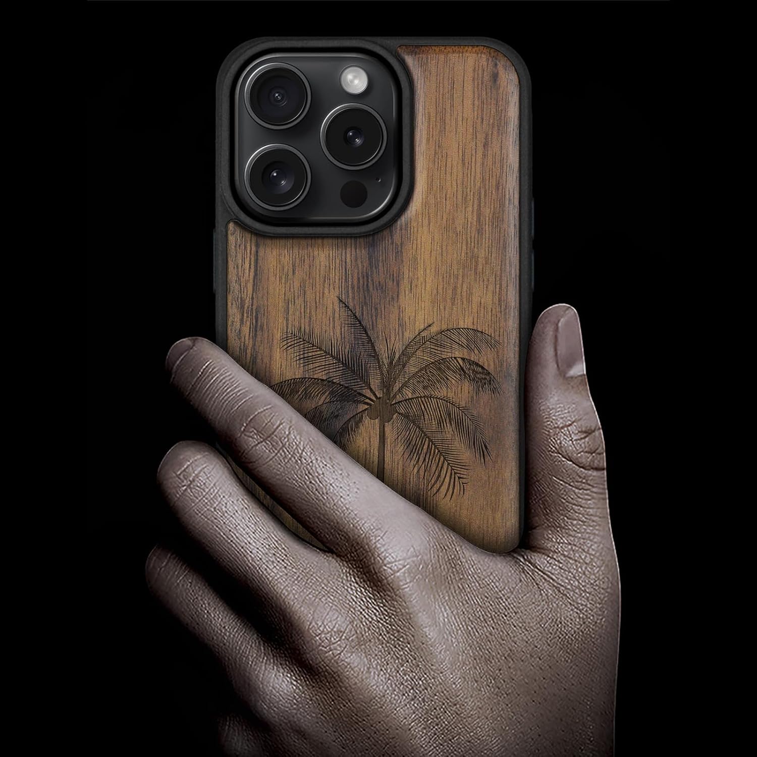 Carveit Magnetic Wooden Case for iPhone 16 Pro Case, Wood Artisan Engraved & Black Soft TPU Shockproof Cover, Compatible with MagSafe Wireless Chargers (The Palm Tree) Walnut