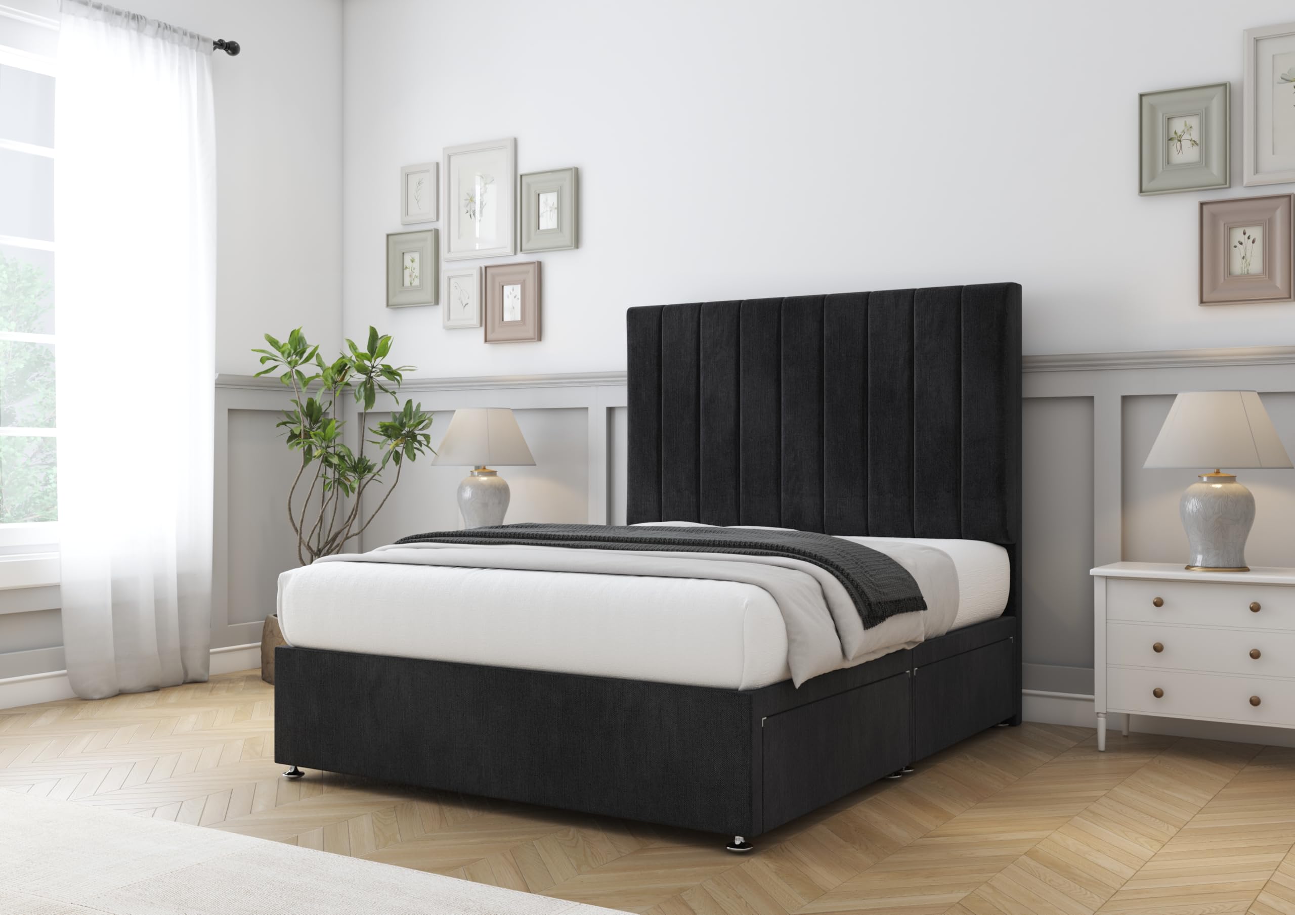 Comfort Beds Savanah Divan Base with No Drawers and Matching 26 inches Headboard without Mattress (Naples Black, 4FT6 Double)