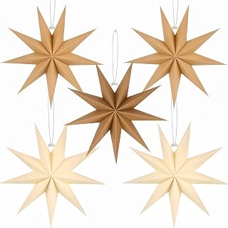 5 Pack 9-Pointed 12 Inch Paper Star Lantern Hanging Paper Star Decorations for Winter Wonderland Xmas Day Decoration Home Decor Wedding Birthday Party-Brown&Beige