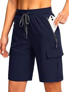 Women's 9" Hiking Cargo Shorts with 5 Pockets Quick Dry Summer Athletic Golf Bermuda Long Shorts for Women Casual
