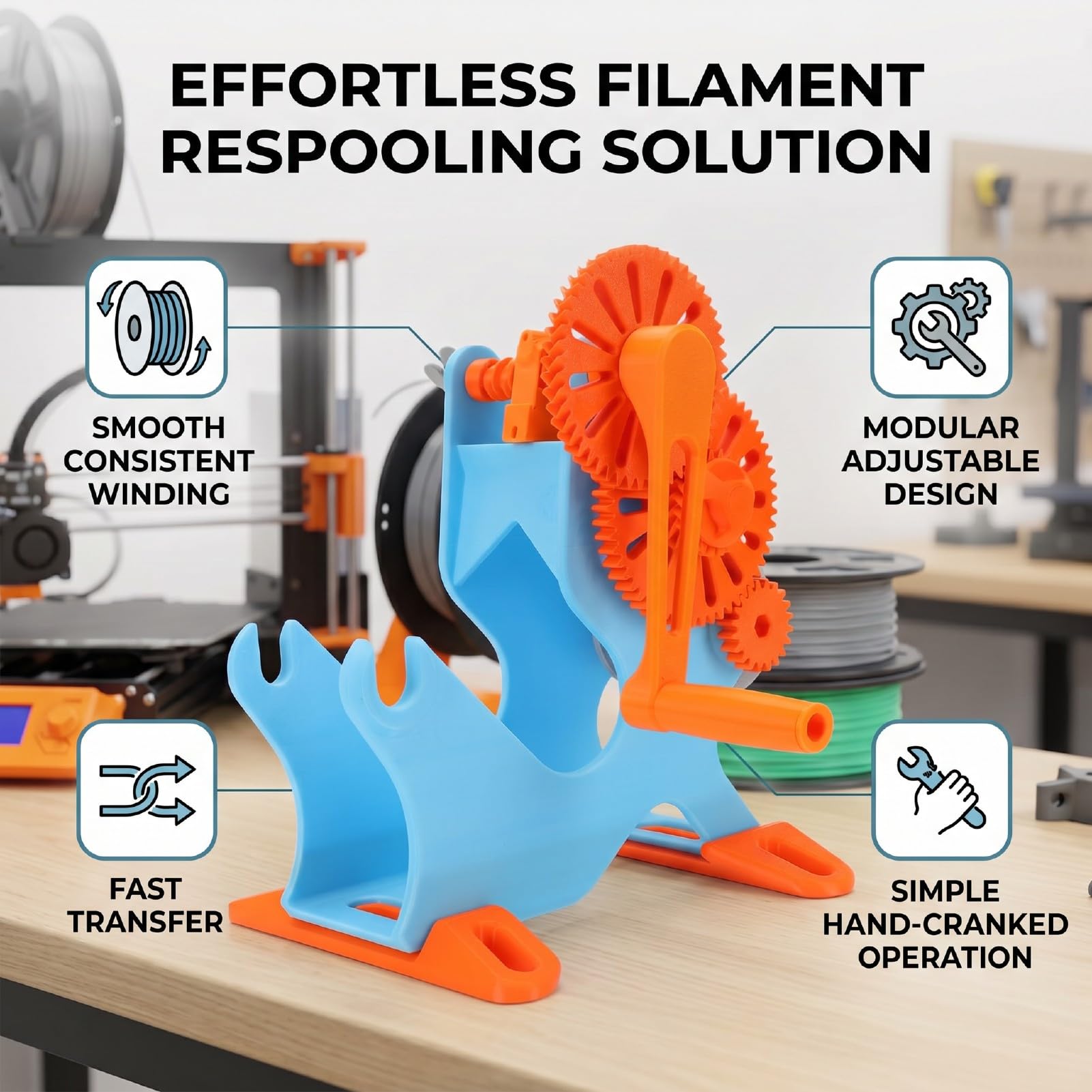 FTVOGUE Filament-Spulenwickler, Handgekurbelt, 1 Kg, Abnehmbar, Modulares Design für 3D-Druck, Bastler, Filament-Transfer-Werkzeug, Konsistente Wickelergebnisse, Tragbarer Aufwickler