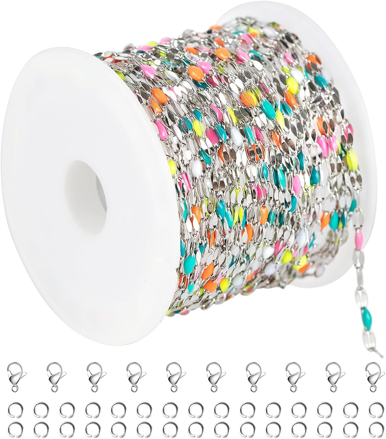 Kyutong 16.4 Feet Silver Chains for Jewelry Making Mixed Color Dripping Oil Cable Links Stainless Steel Chain Spool on Bulk with Clasps for Women Making Crafts