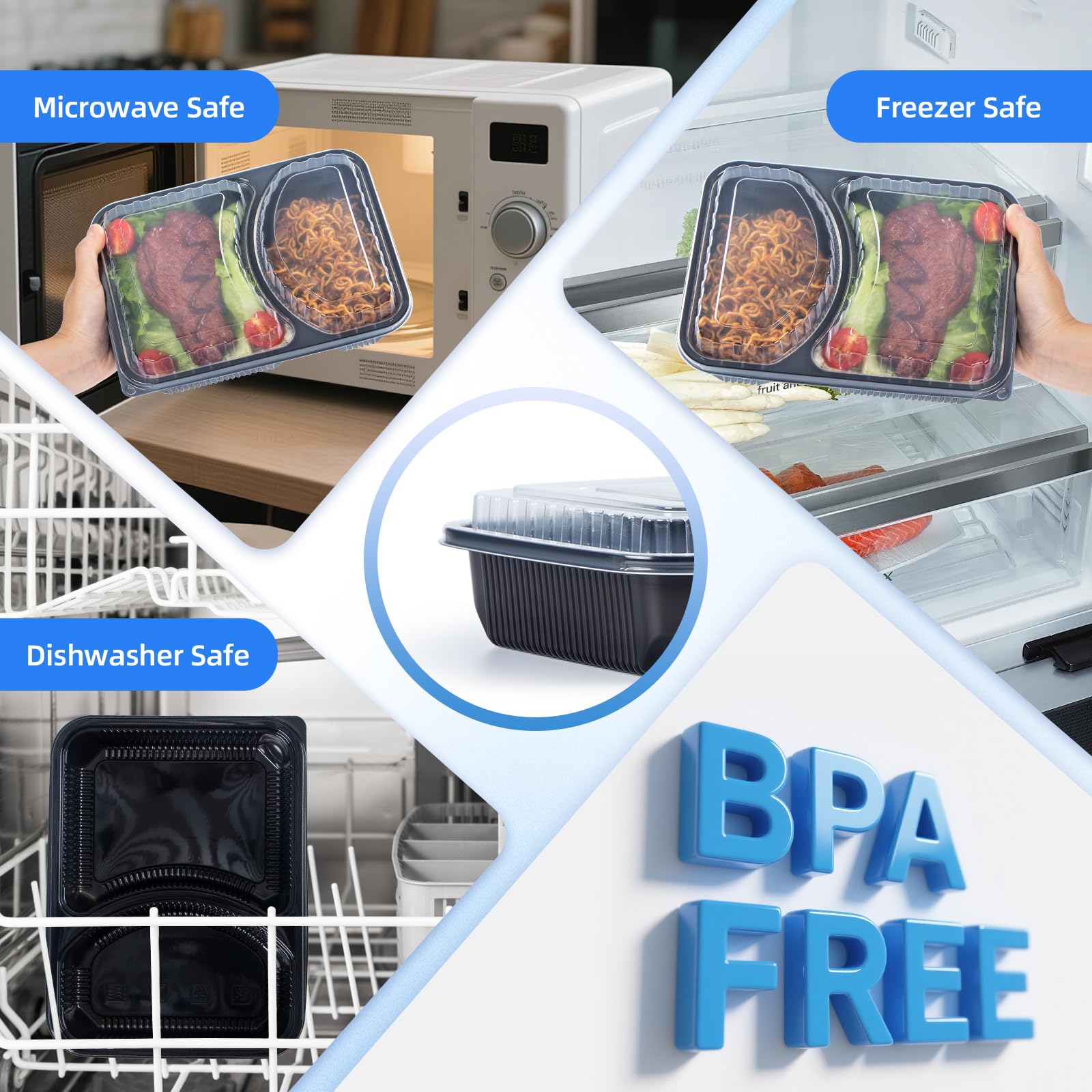 YANGRUI Contenedores To Go, paquete de 40 (40 bandejas + 40 tapas) 44 onzas y 2 compartimentos sin BPA, reutilizable, envoltura retráctil lavable a máquina, contenedor de preparación de comidas