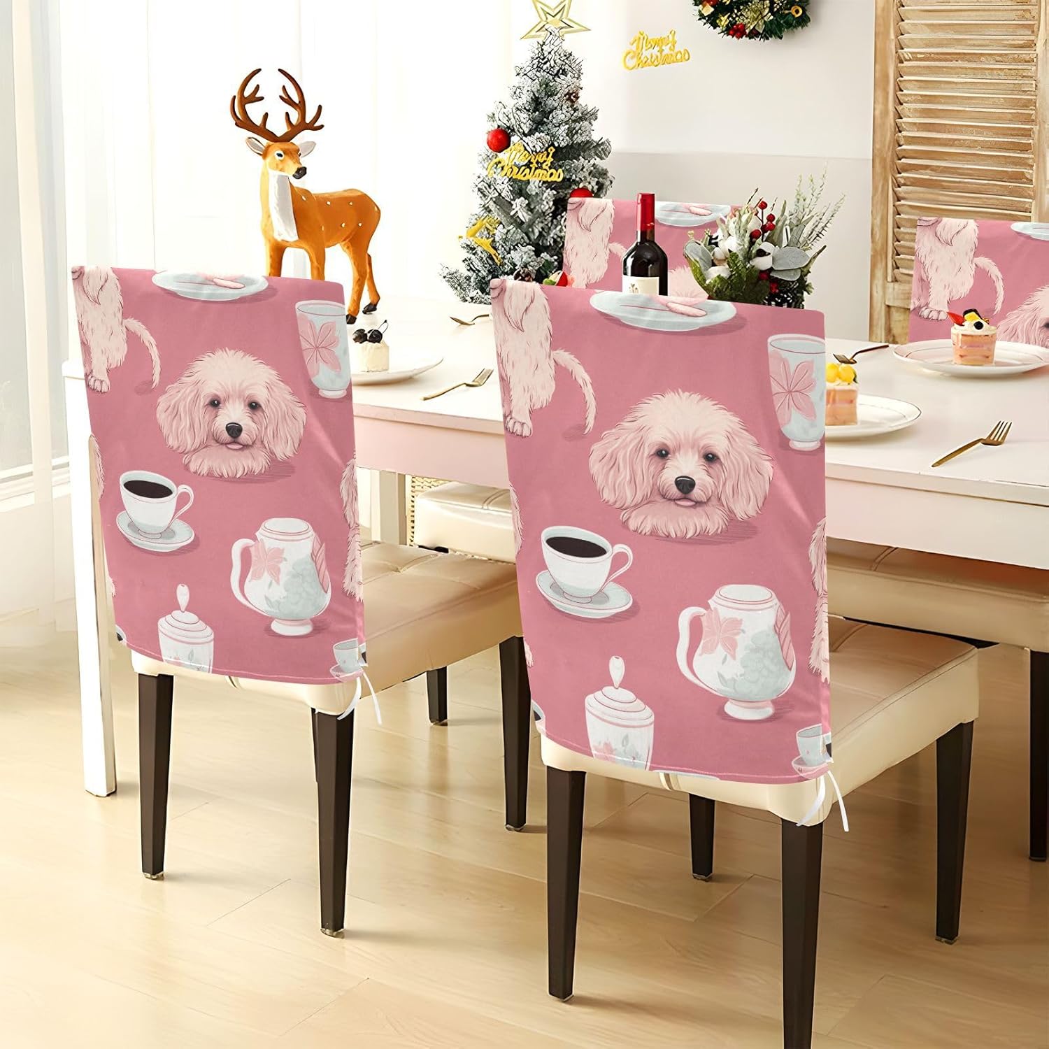 ALAZA Cute Dogs Coffee Cups Pink Chair Back Cover Set of 6, Washable Reusable Removable Chair Slipcovers Decorative Chair Cover for Home Kitchen Wedding Party